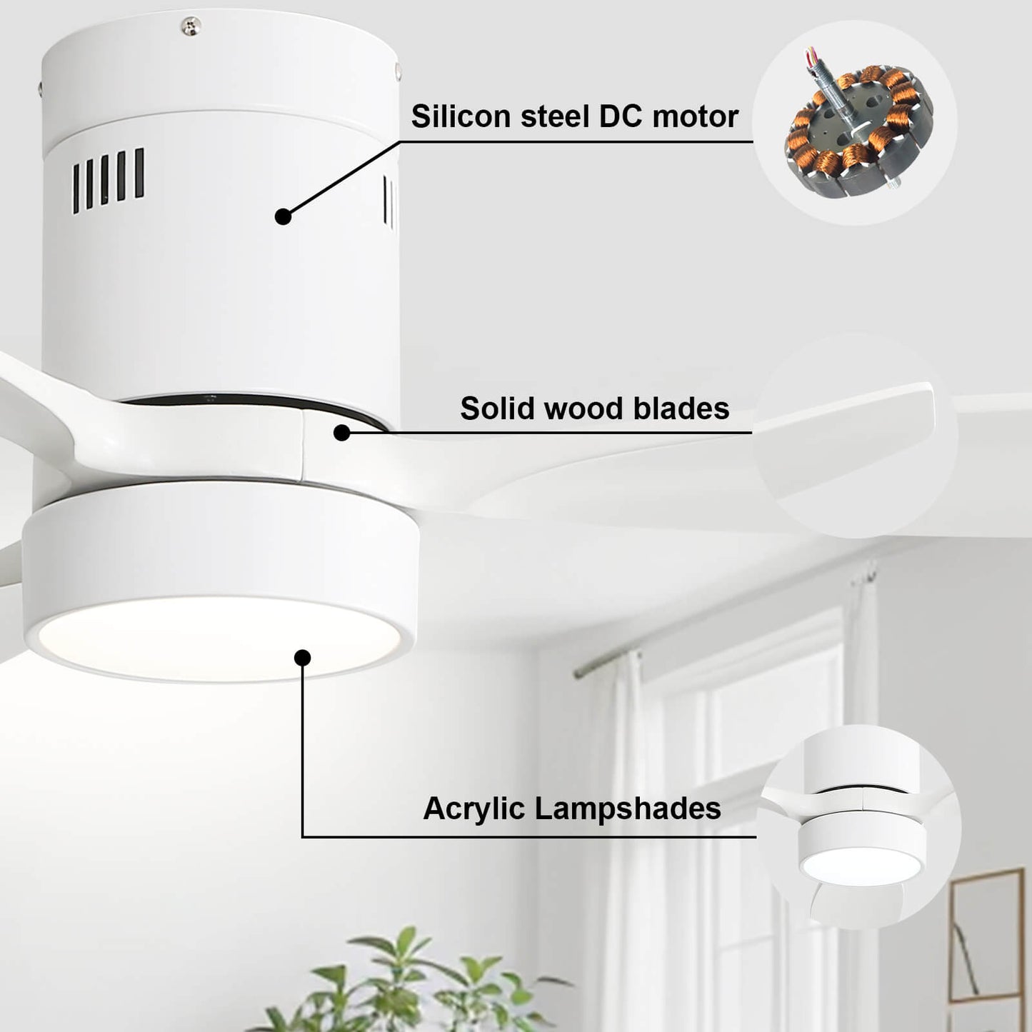 Sofucor KBS-52K077 52 Inch Flush Mount Celing Fan With Light Remote Wood Blades