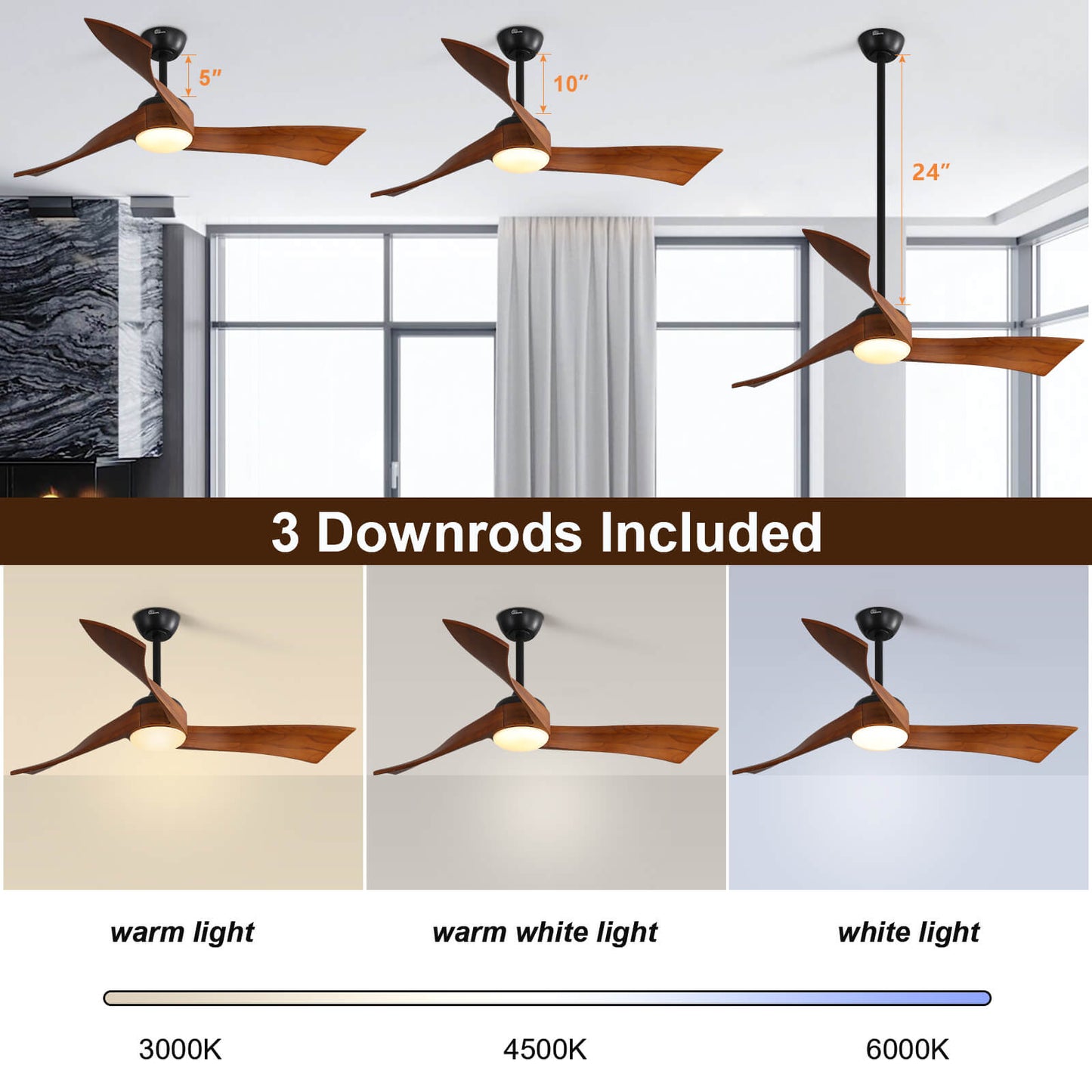 Sofucor KBS-52K012 52 Inch Ceiling Fan With Light Remote Irregular Wood Blades