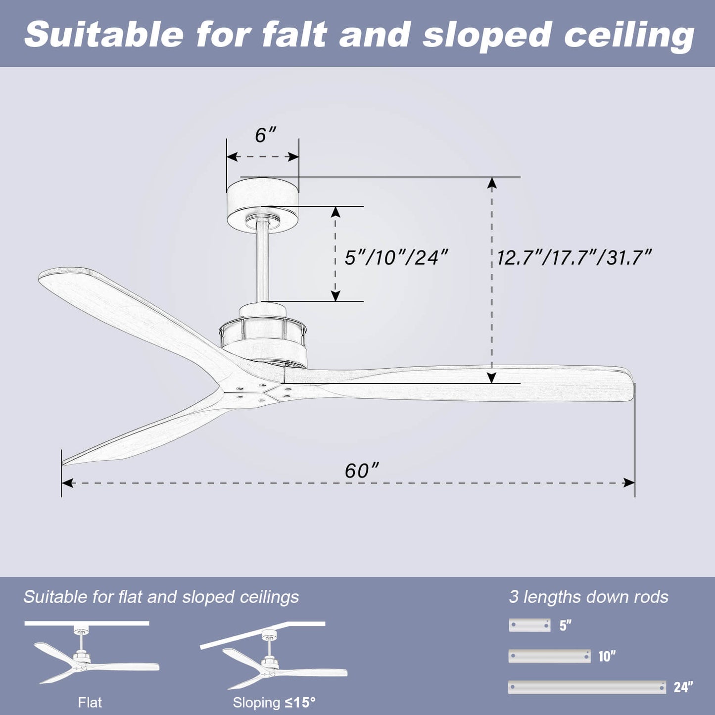 Sofucor KBS-6005-1 60" Wood Ceiling Fan No Light With Remote