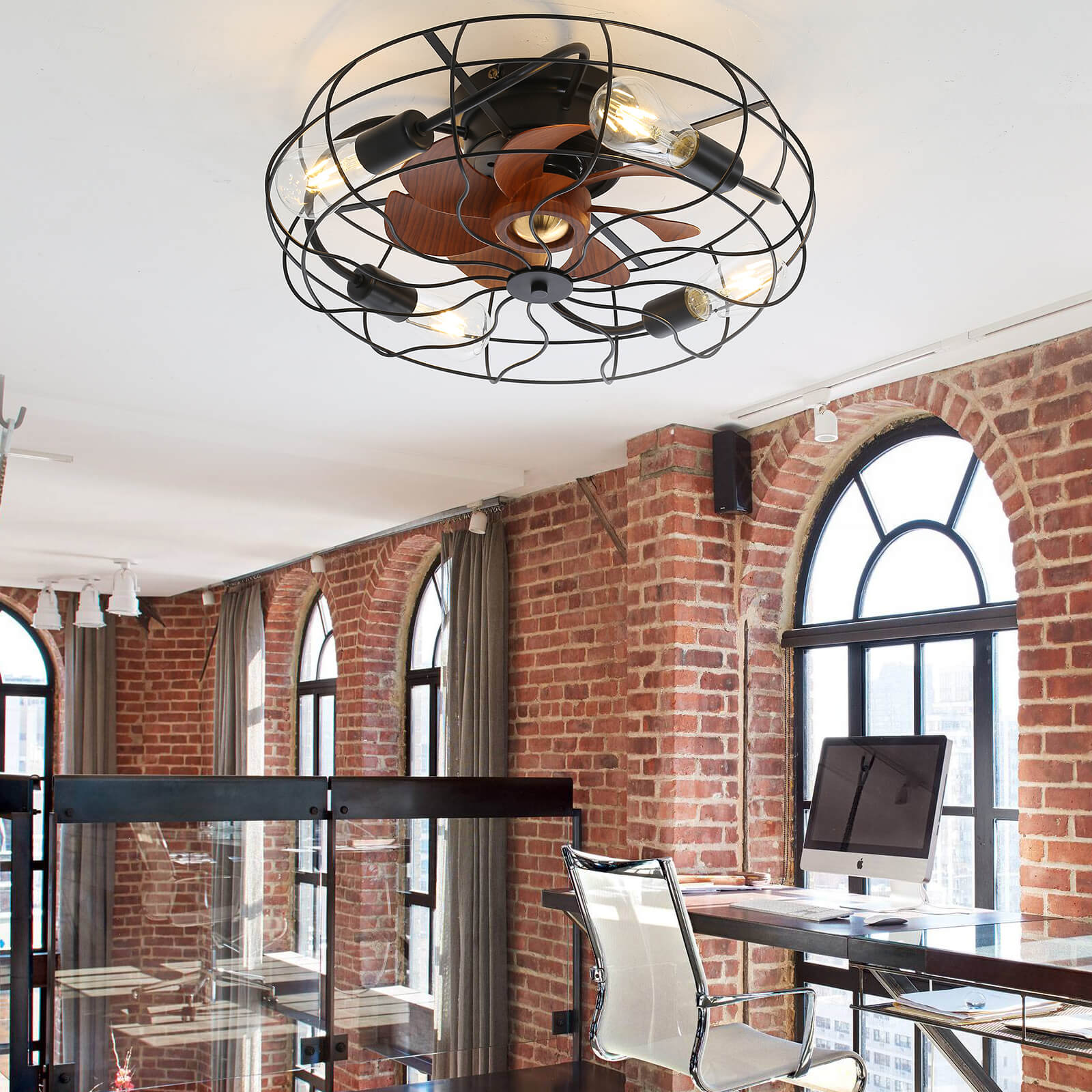 Sofucor 20'' Caged Flush Mount Enclosed Ceiling Fan