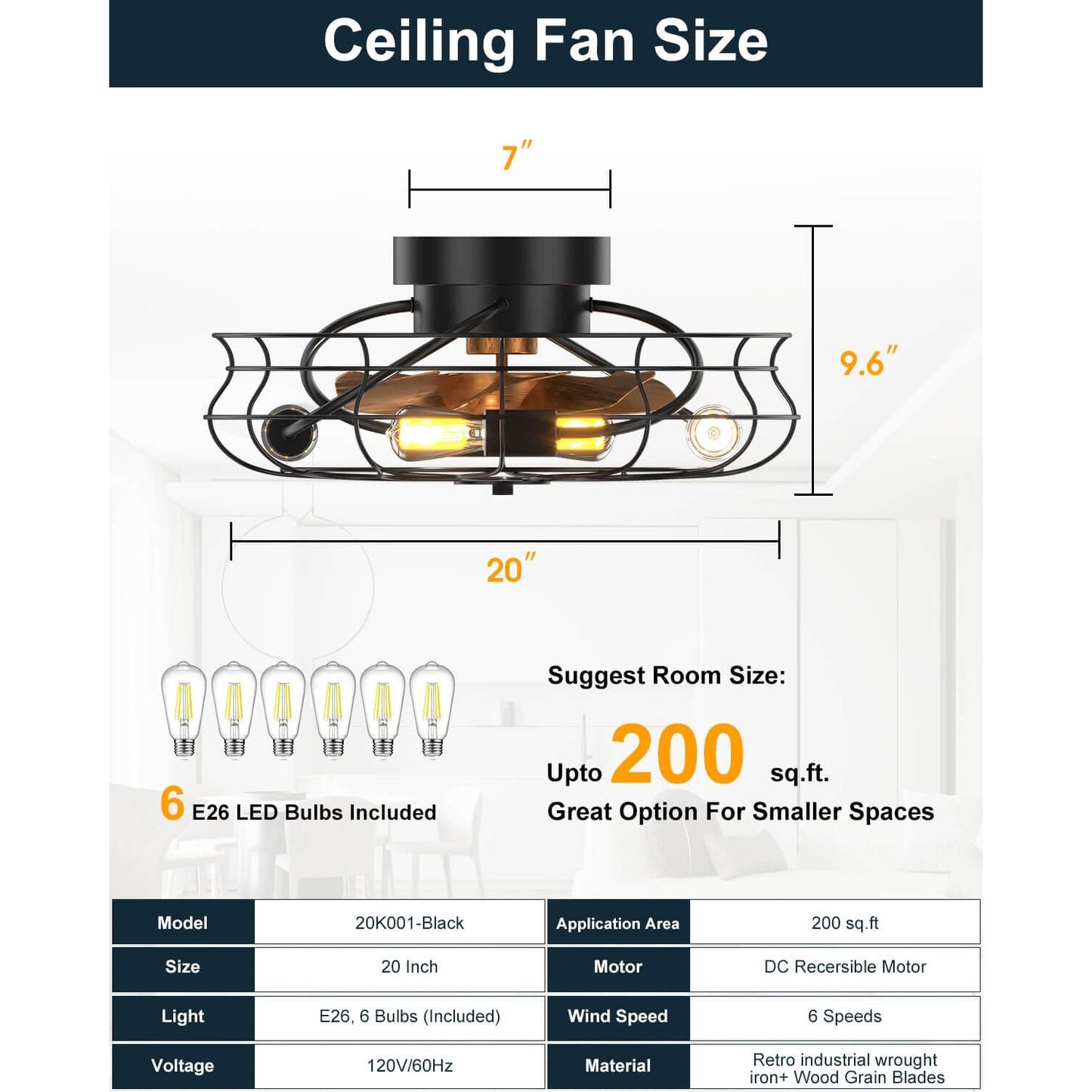 Sofucor KBS-20K001 20'' Caged Flush Mount Enclosed Ceiling Fan With Light Remote Control