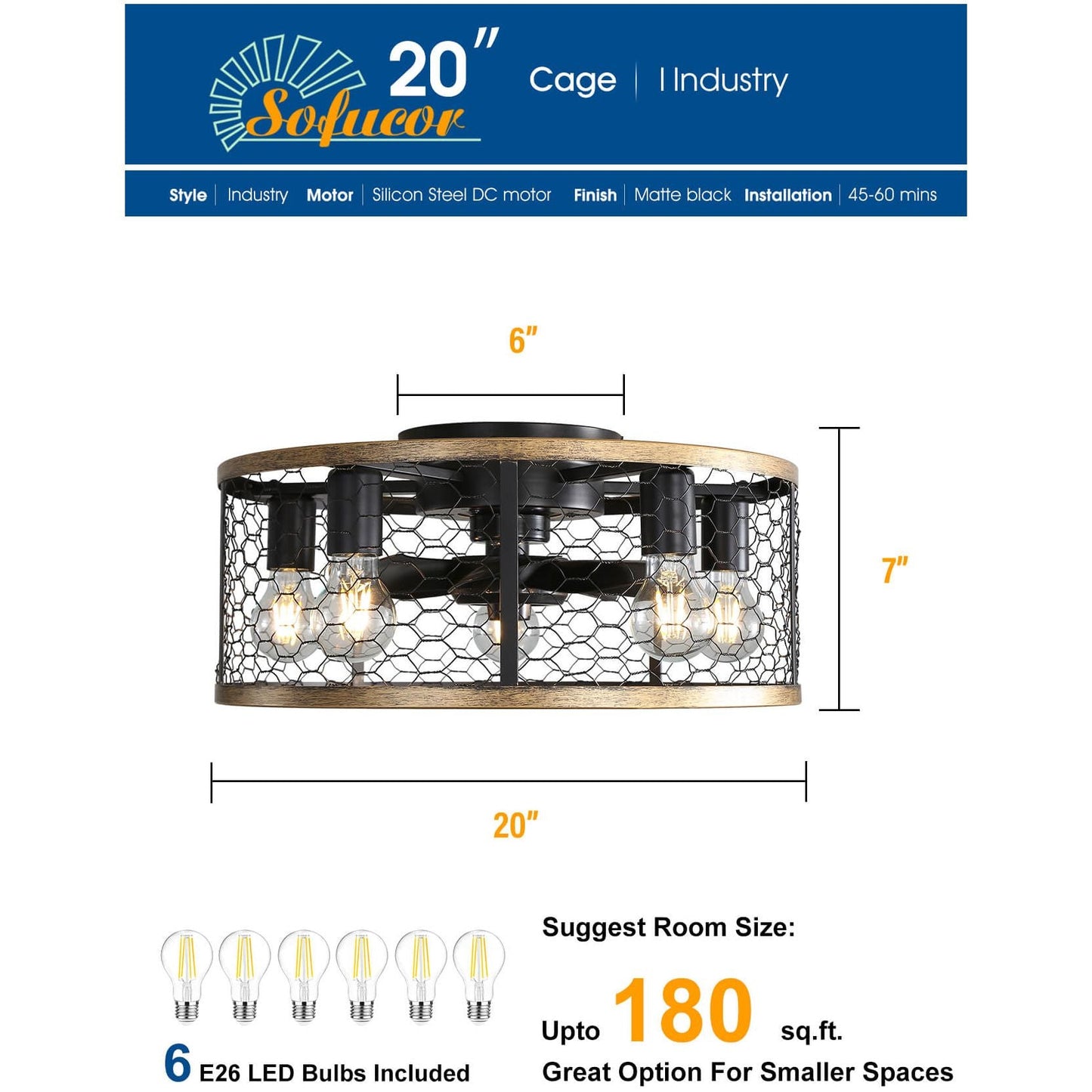 Sofucor 20 Inch Low Profile Flushmount Caged Ceiling Fan With Light Remote