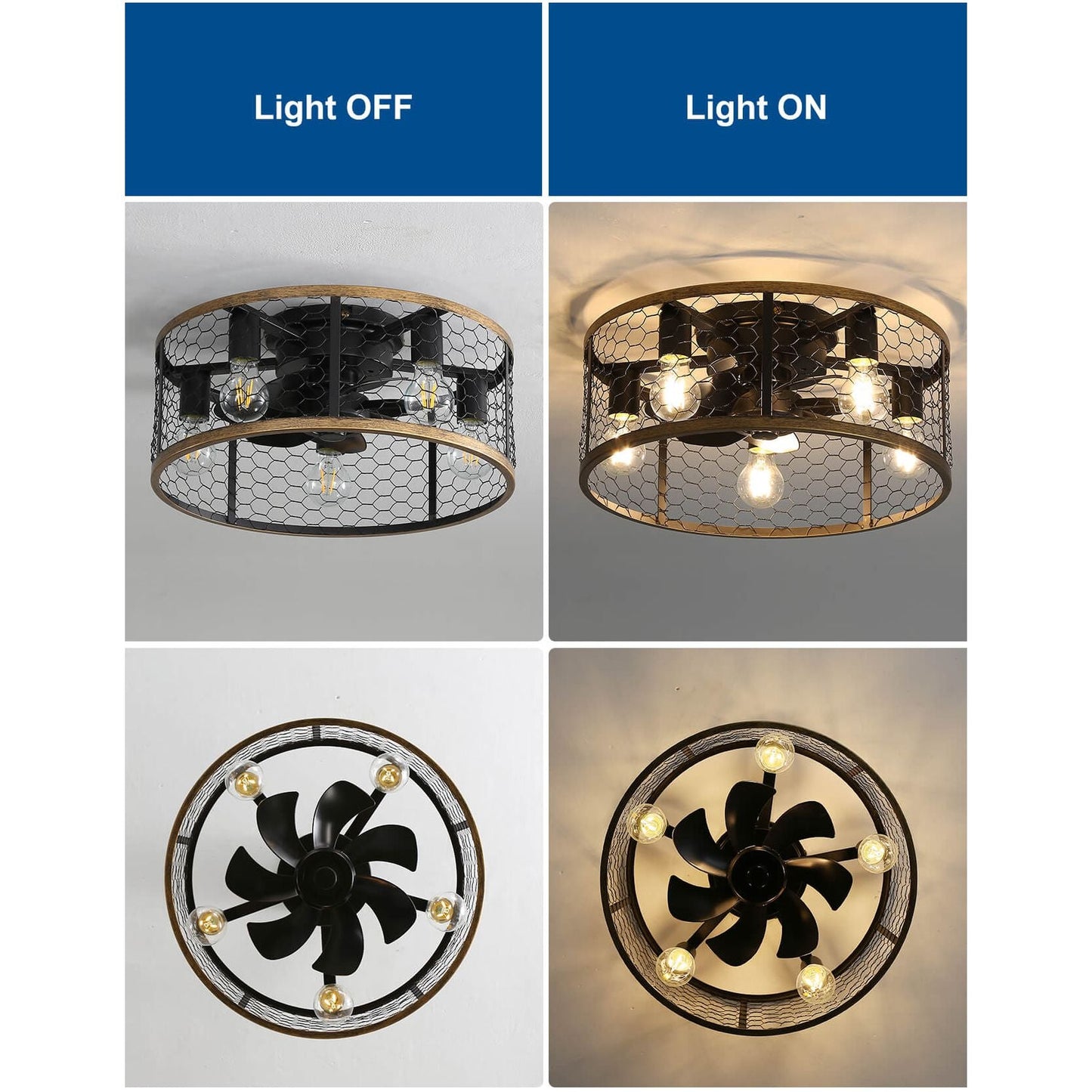 Sofucor 20 Inch Low Profile Flushmount Caged Ceiling Fan With Light Remote