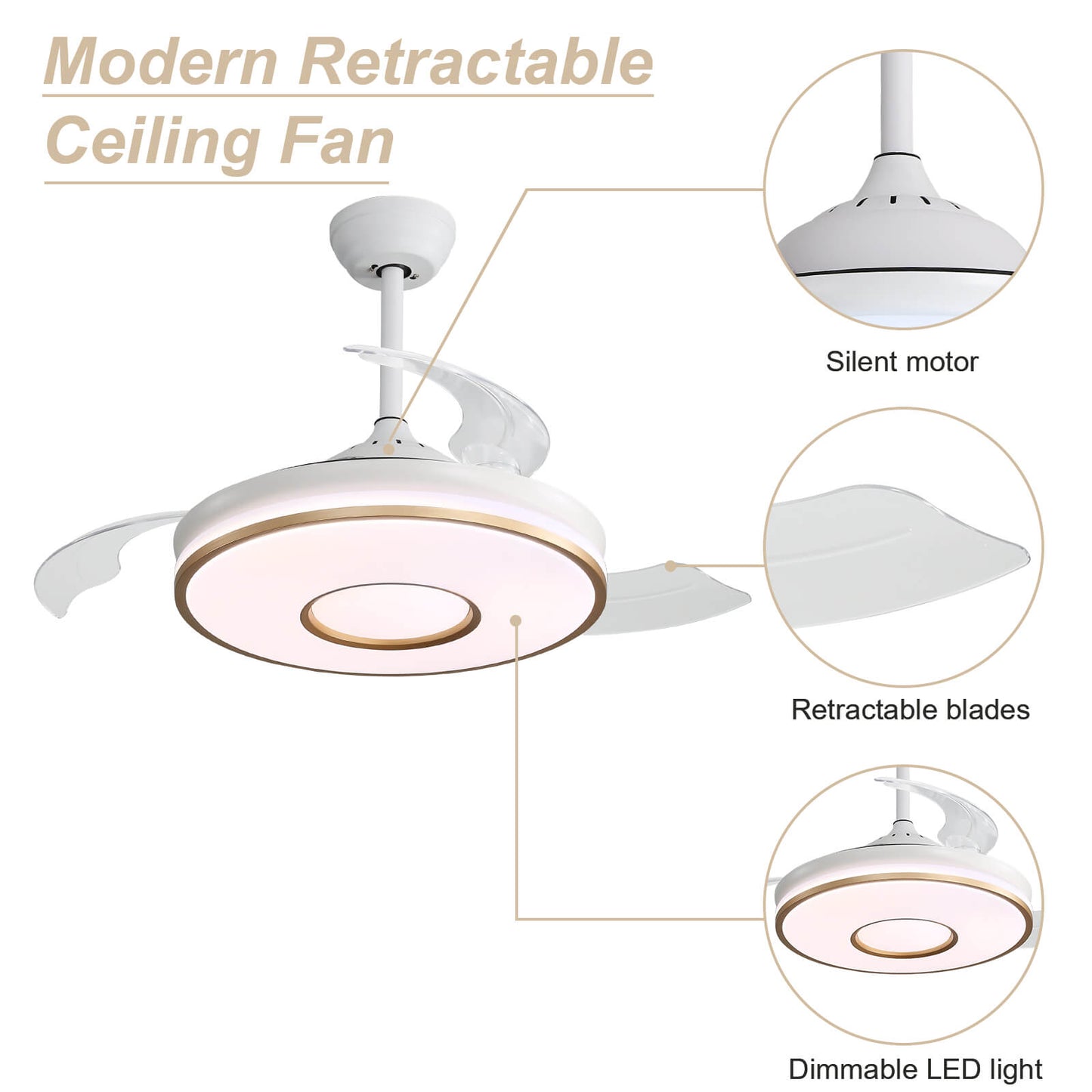 Sofucor 42 Inch Retractable Blades Ceiling Fan With Light Remote