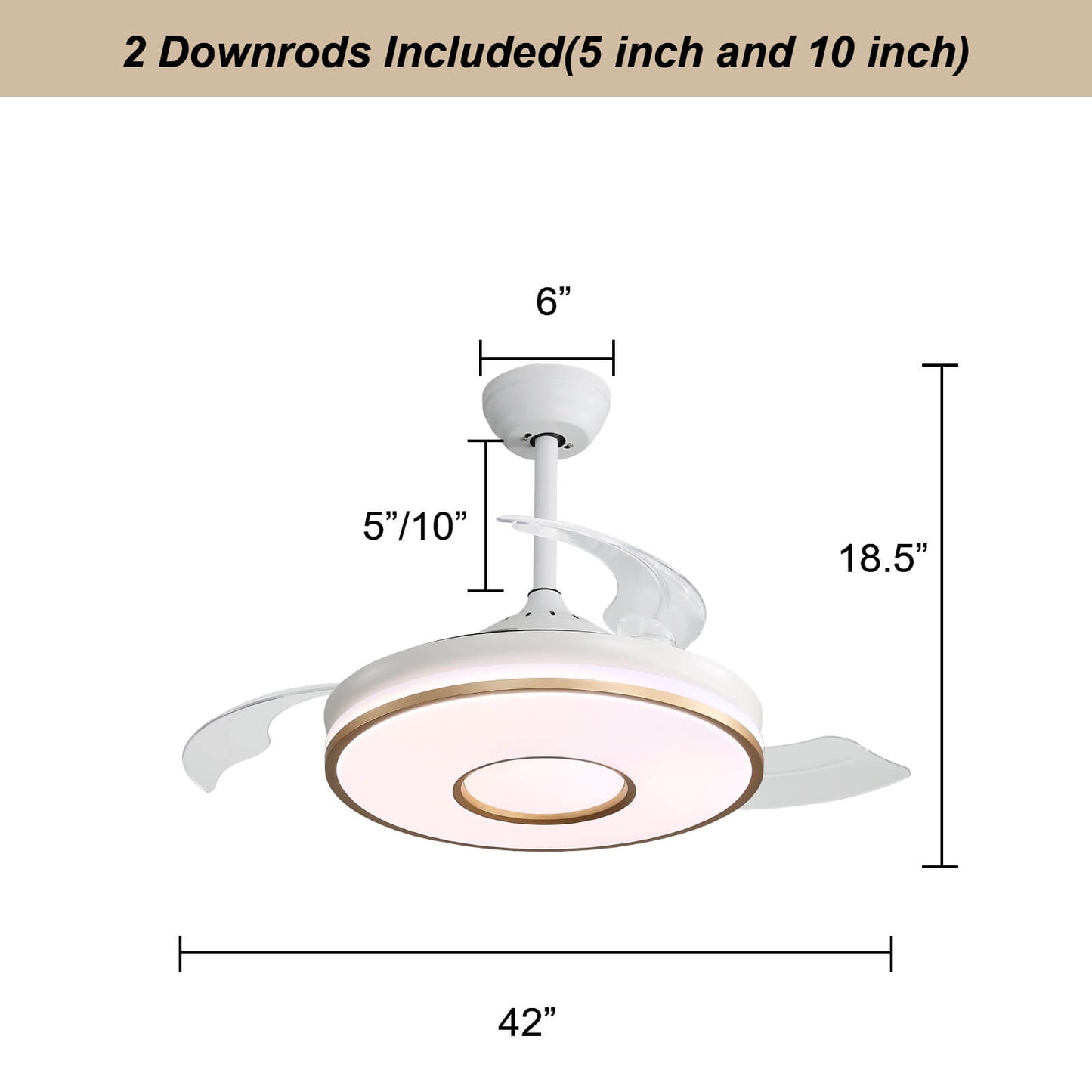 Sofucor 42 Inch Retractable Blades Ceiling Fan With Light Remote
