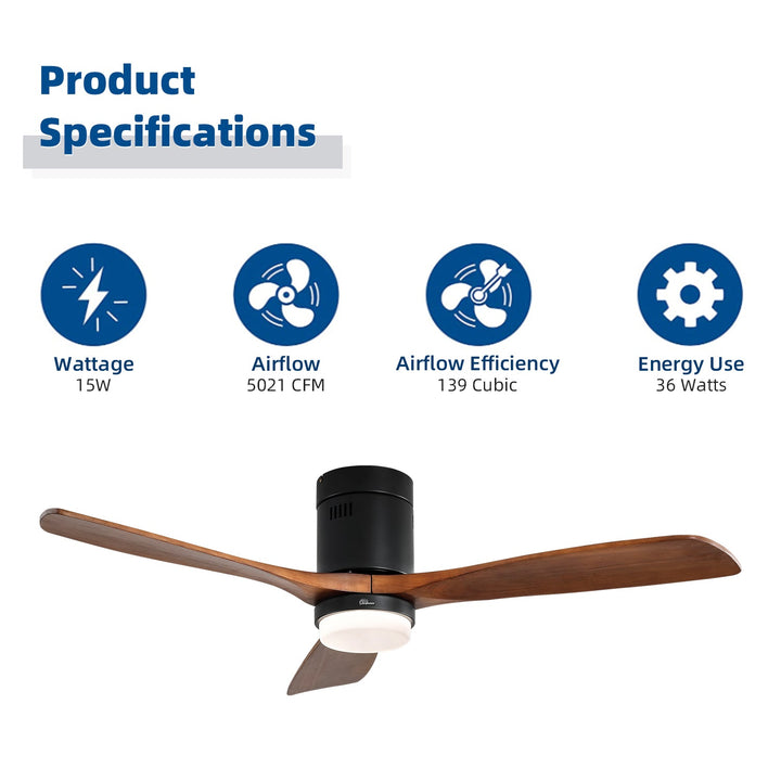 Sofucor 3-Blades 52'' Flush Mount Ceiling Fan With Light Remote Control-8