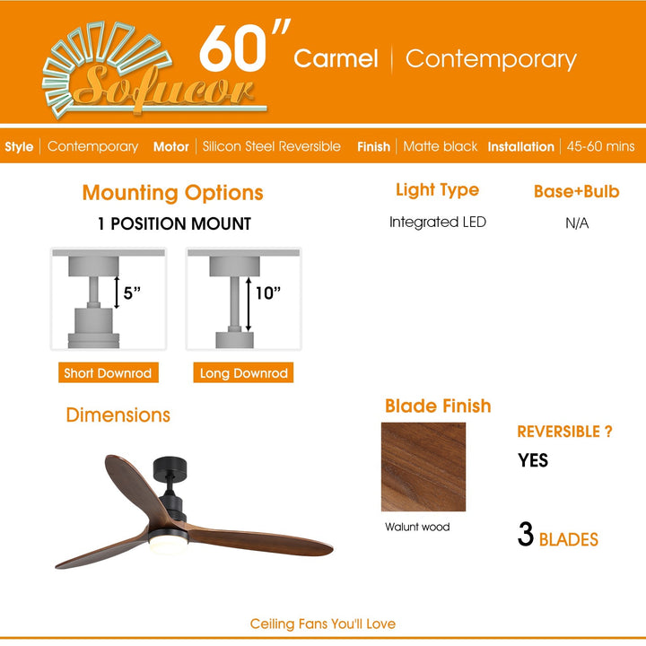 Sofucor 60'' Ceiling Fan With Light Remote Control DC Motor