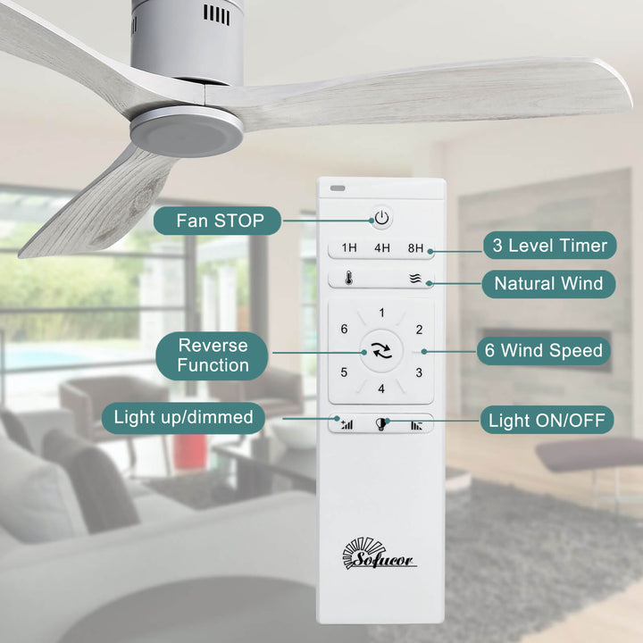 Sofucor KBS-52143 52‘’ Flush Mount Ceiling Fan With Remote Control 3 Blades