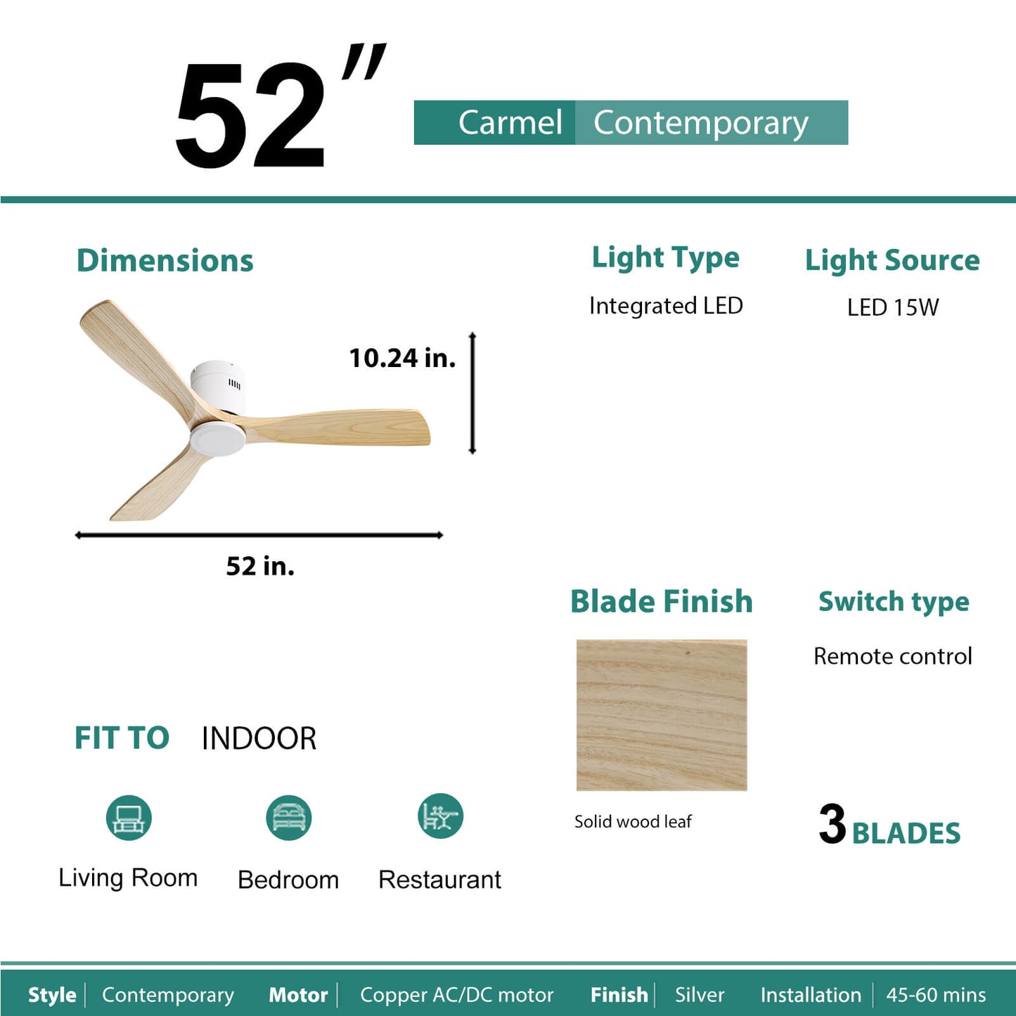 Sofucor KBS-52143 52‘’ Flush Mount Ceiling Fan No Light With Remote Control 3 Blades