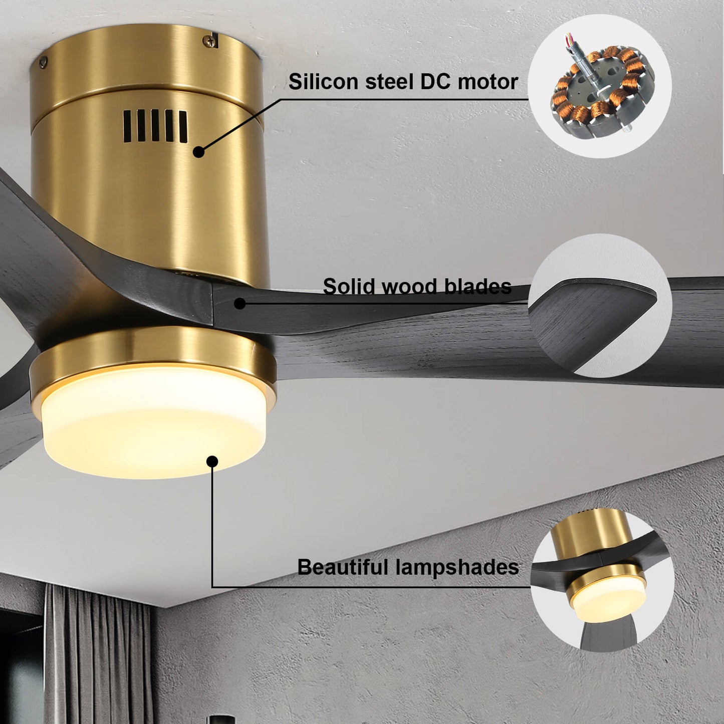 Sofucor KBS-52144 3-Blades 52'' Flush Mount Ceiling Fan With Light Remote Control