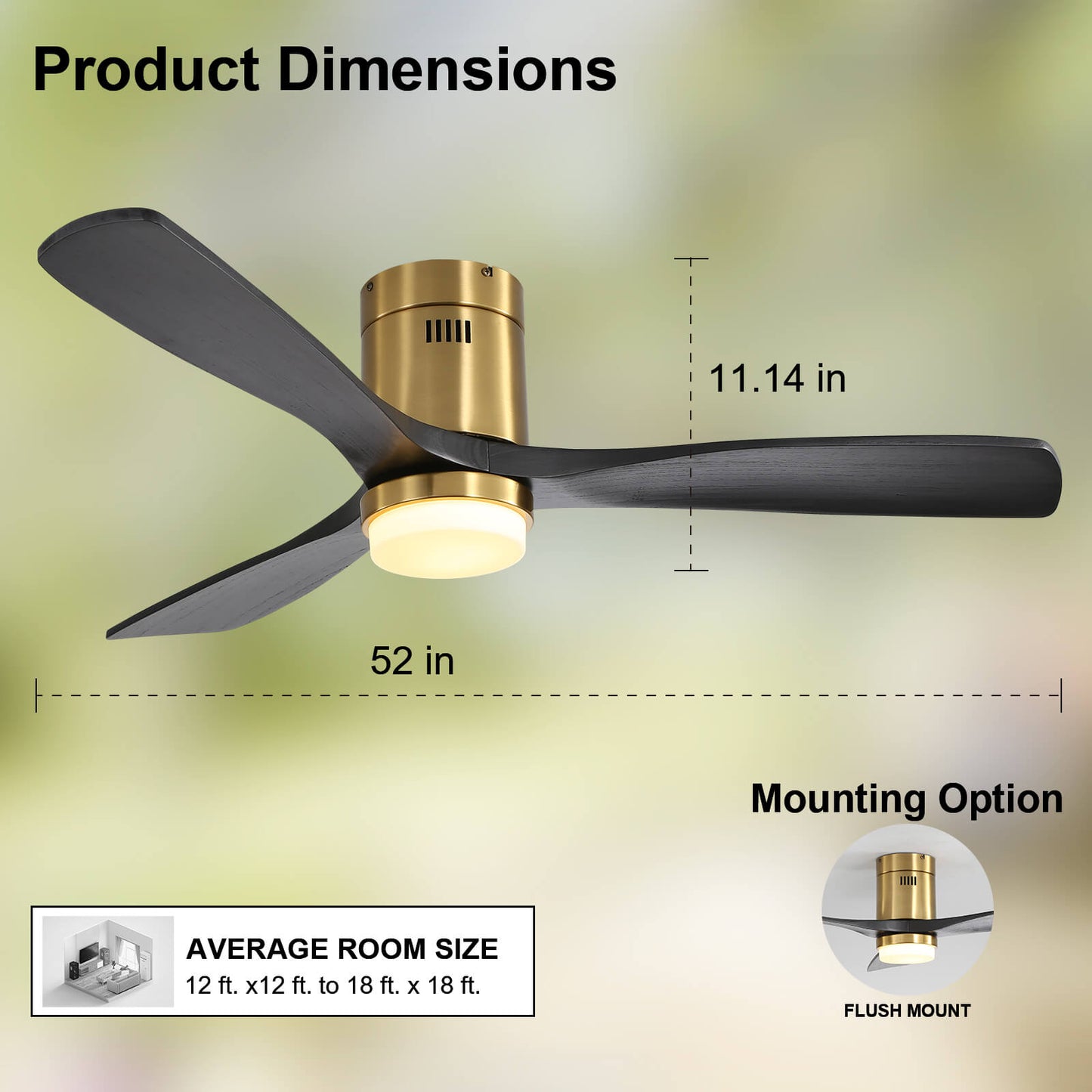 Sofucor KBS-52144 3-Blades 52'' Flush Mount Ceiling Fan With Light Remote Control