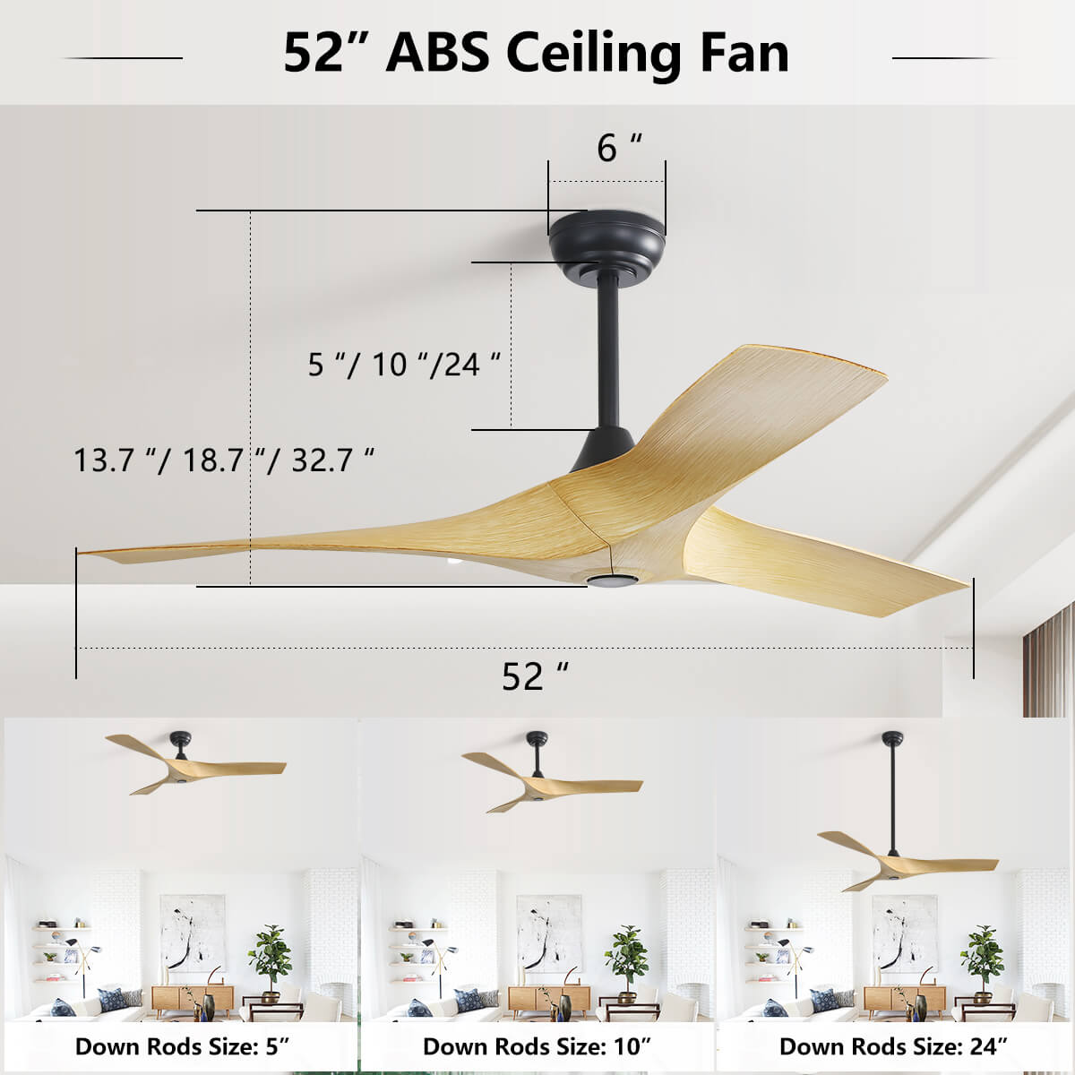 Sofucor KBS-52159 52" Ceiling Fan No Light With Remote 3 Curved ABS Blades