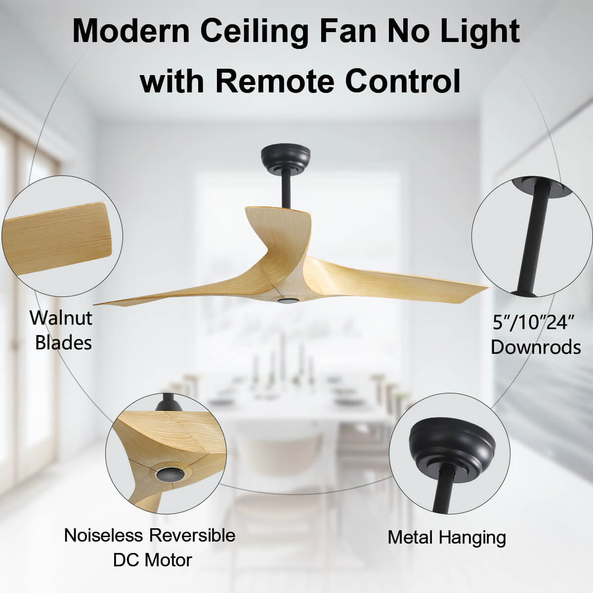 Sofucor KBS-52159 52" Ceiling Fan No Light With Remote 3 Curved ABS Blades