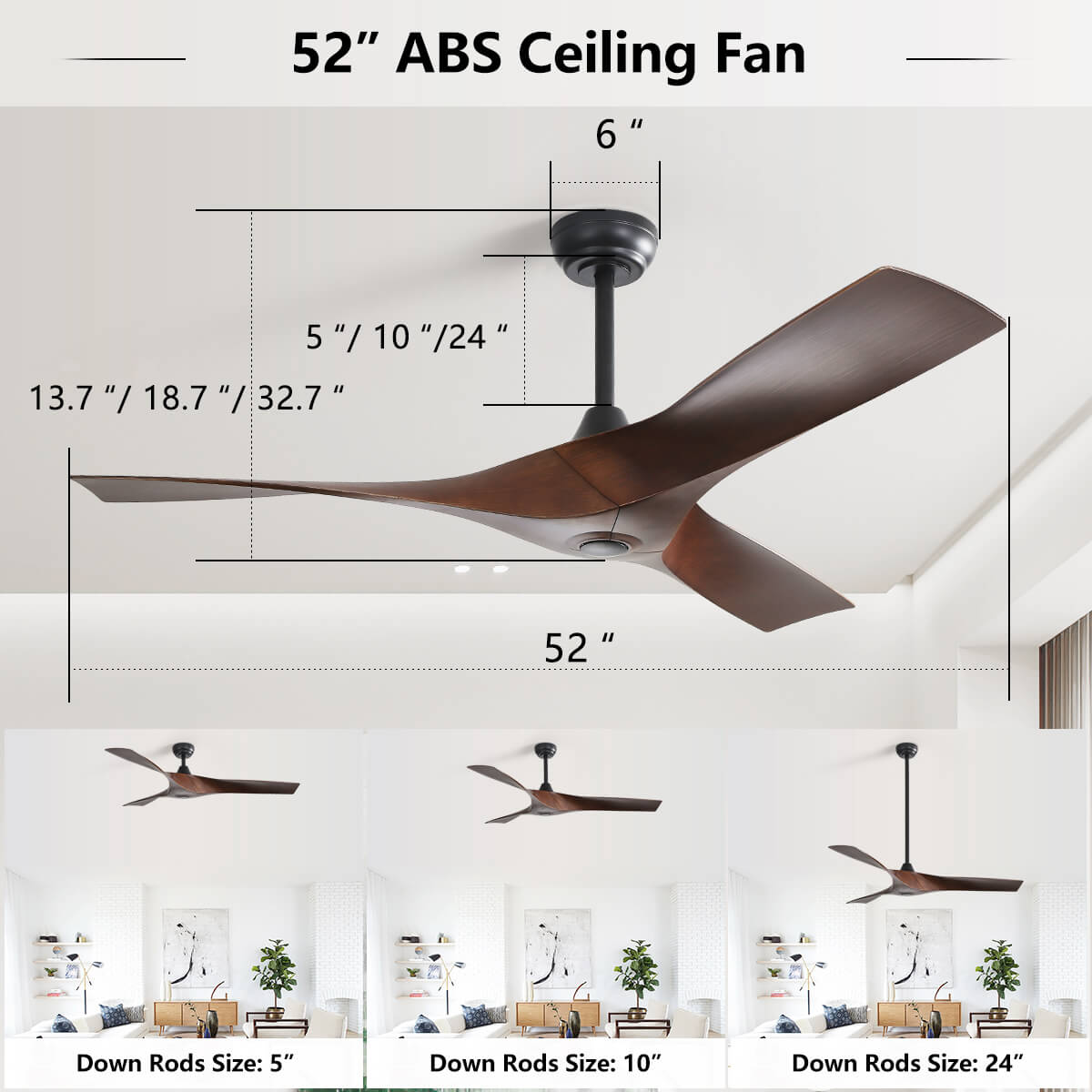 Sofucor KBS-52159 52" Ceiling Fan No Light With Remote 3 Curved ABS Blades