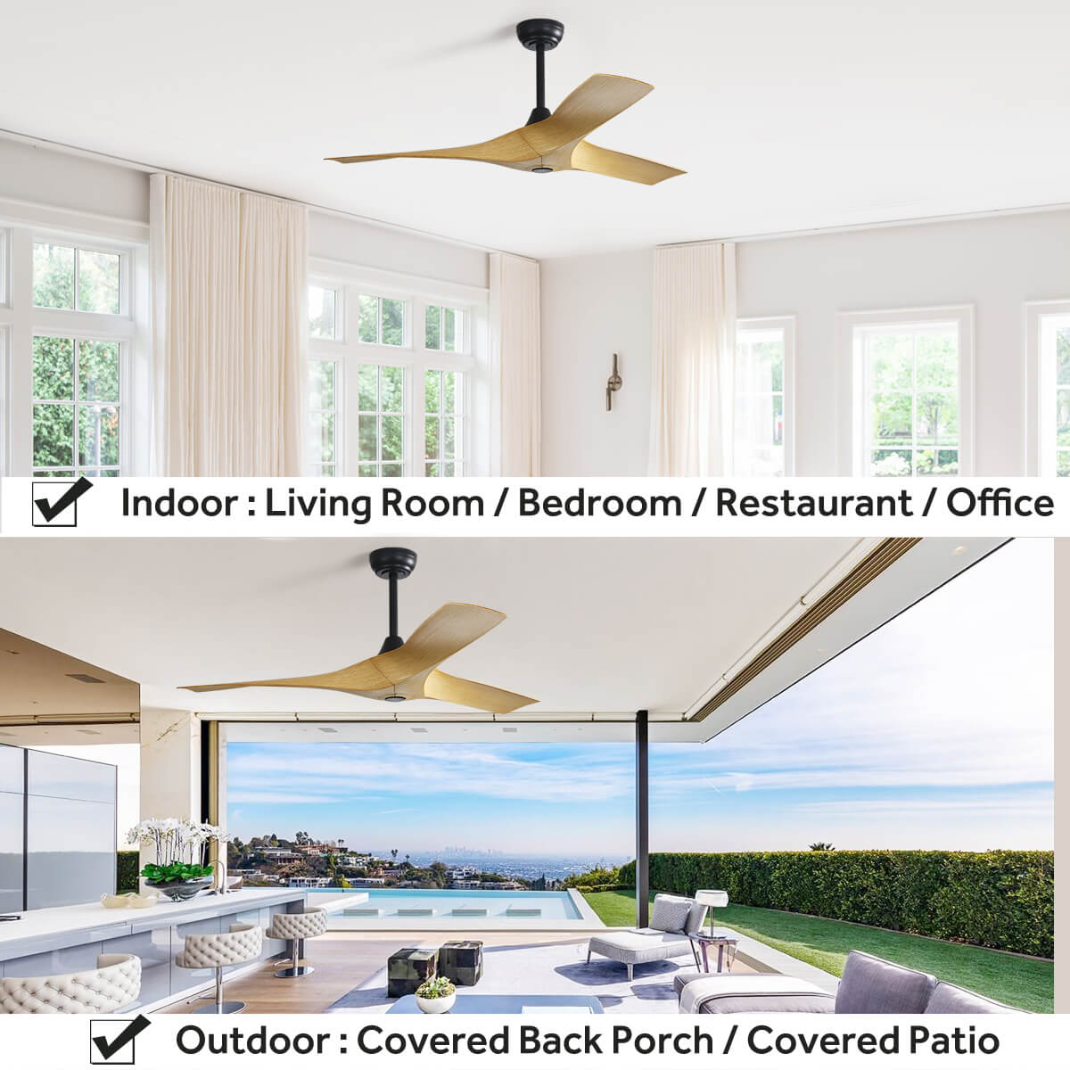 Sofucor KBS-52159 52" Ceiling Fan No Light With Remote 3 Curved ABS Blades