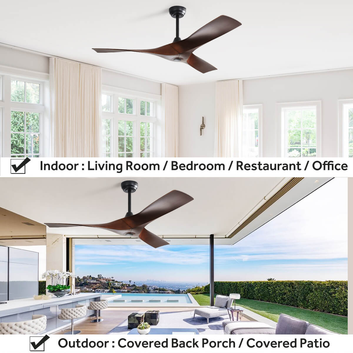 Sofucor KBS-52159 52" Ceiling Fan No Light With Remote 3 Curved ABS Blades