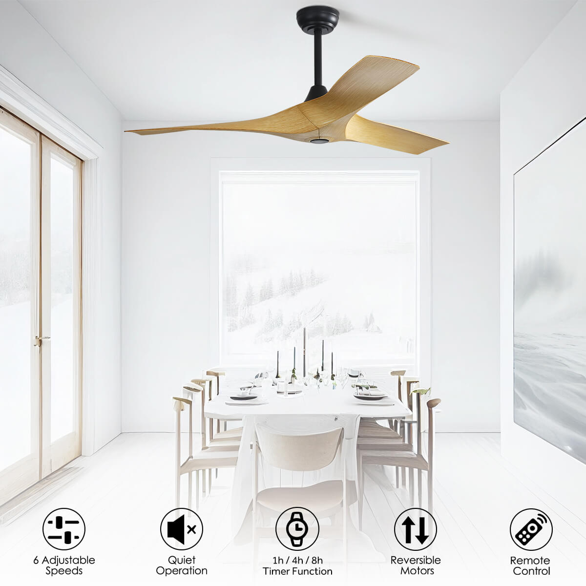 Sofucor KBS-52159 52" Ceiling Fan No Light With Remote 3 Curved ABS Blades
