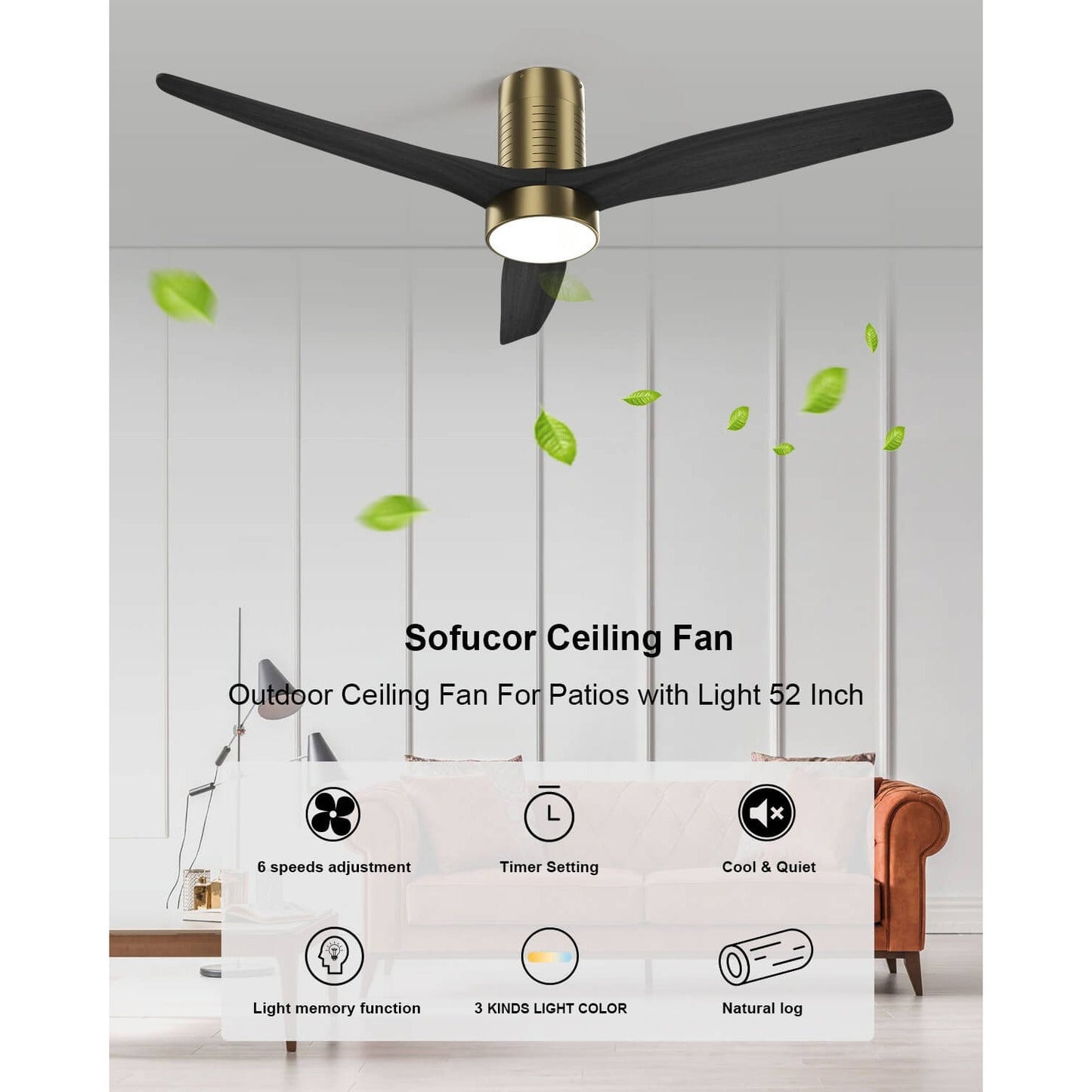 Sofucor KBS-52245-SN 52'' Low Profile Flush Mount Ceiling Fan With Light Remote Control