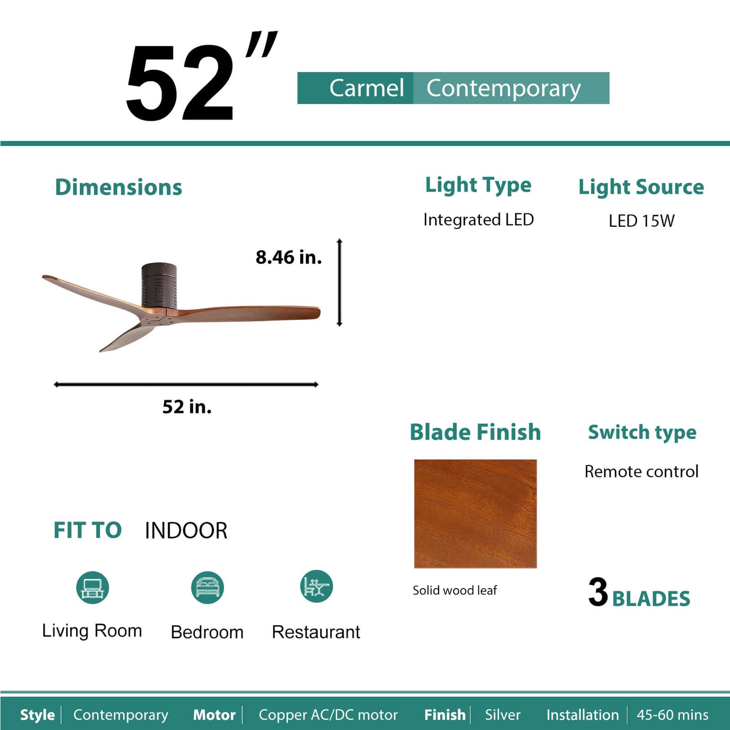 Sofucor KBS-52245-WD 52‘’ Flush Mount Ceiling Fan No Light With Remote Control
