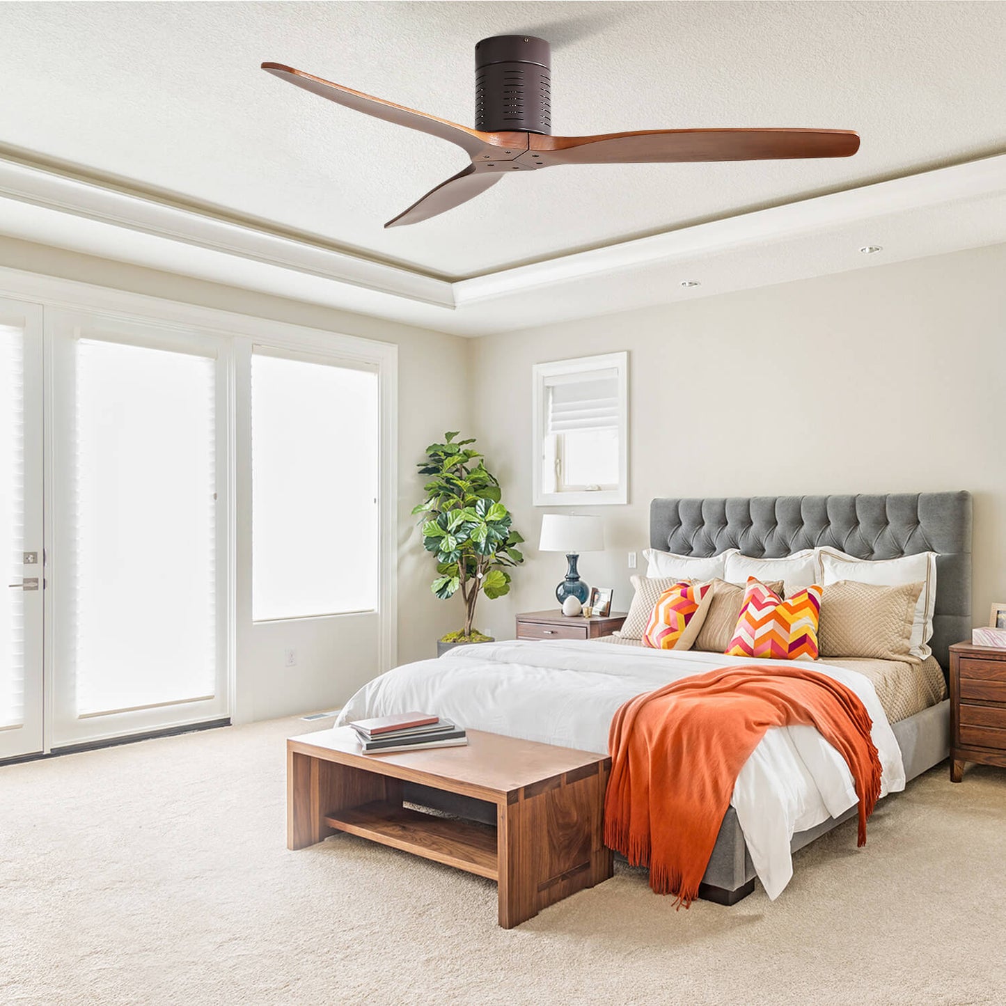 Sofucor KBS-52245-WD 52‘’ Flush Mount Ceiling Fan No Light With Remote Control