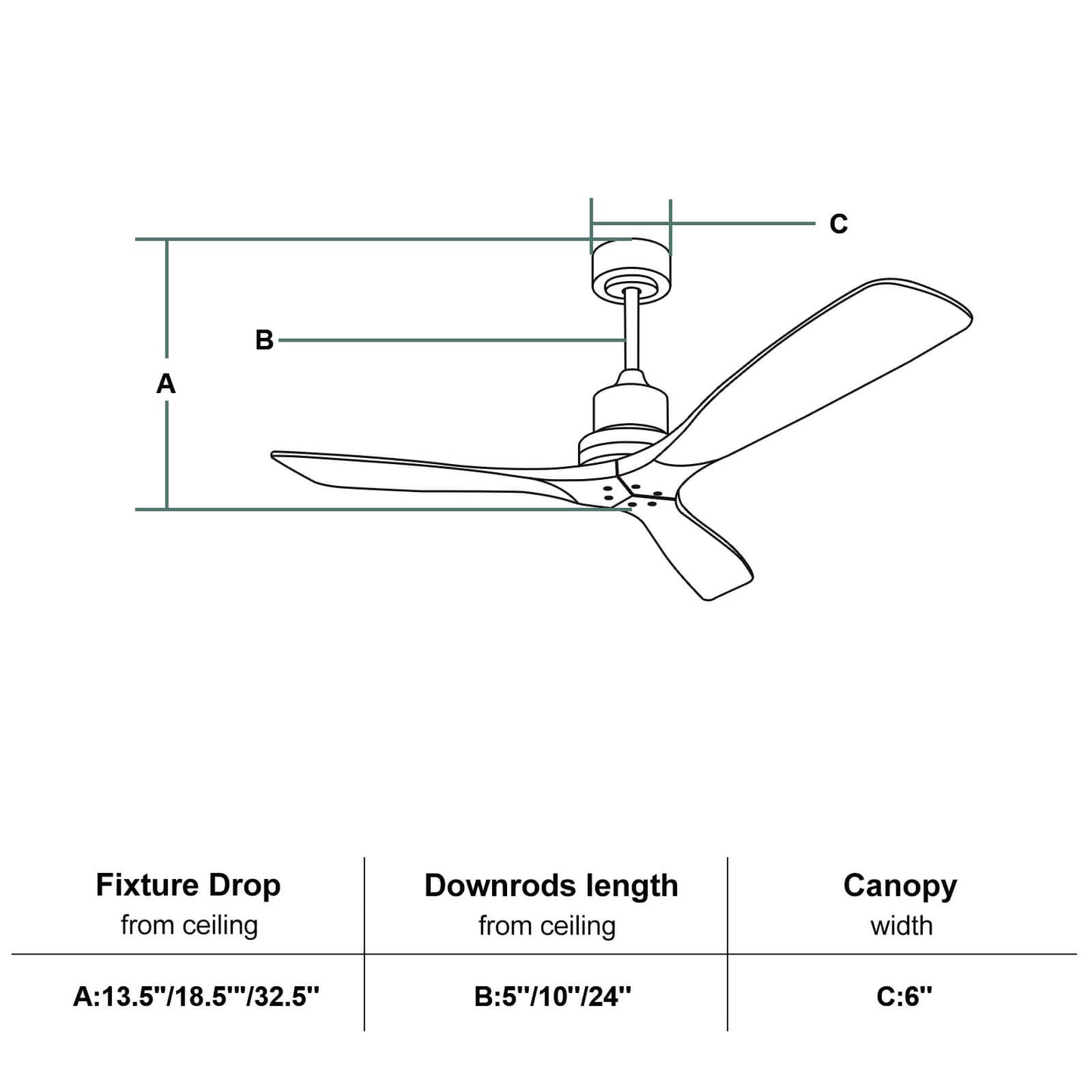Sofucor KBS-5247-WD 3-Blades 52'' Ceiling Fan No Light With Remote Control DC Motor