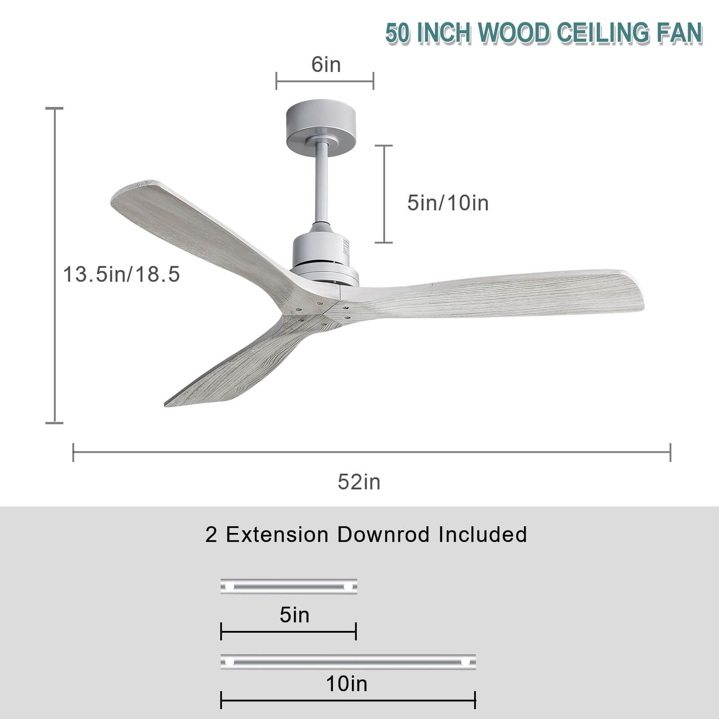 Sofucor KBS-5247-WD 3-Blades 52'' Ceiling Fan No Light With Remote Control DC Motor