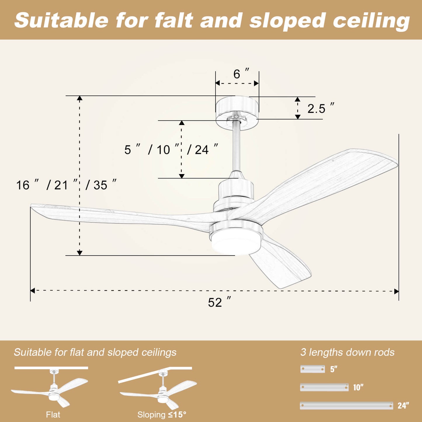 Sofucor KBS-5247-BK 52'' Ceiling Fan With Light Remote DC Motor 3 Blades Walnut
