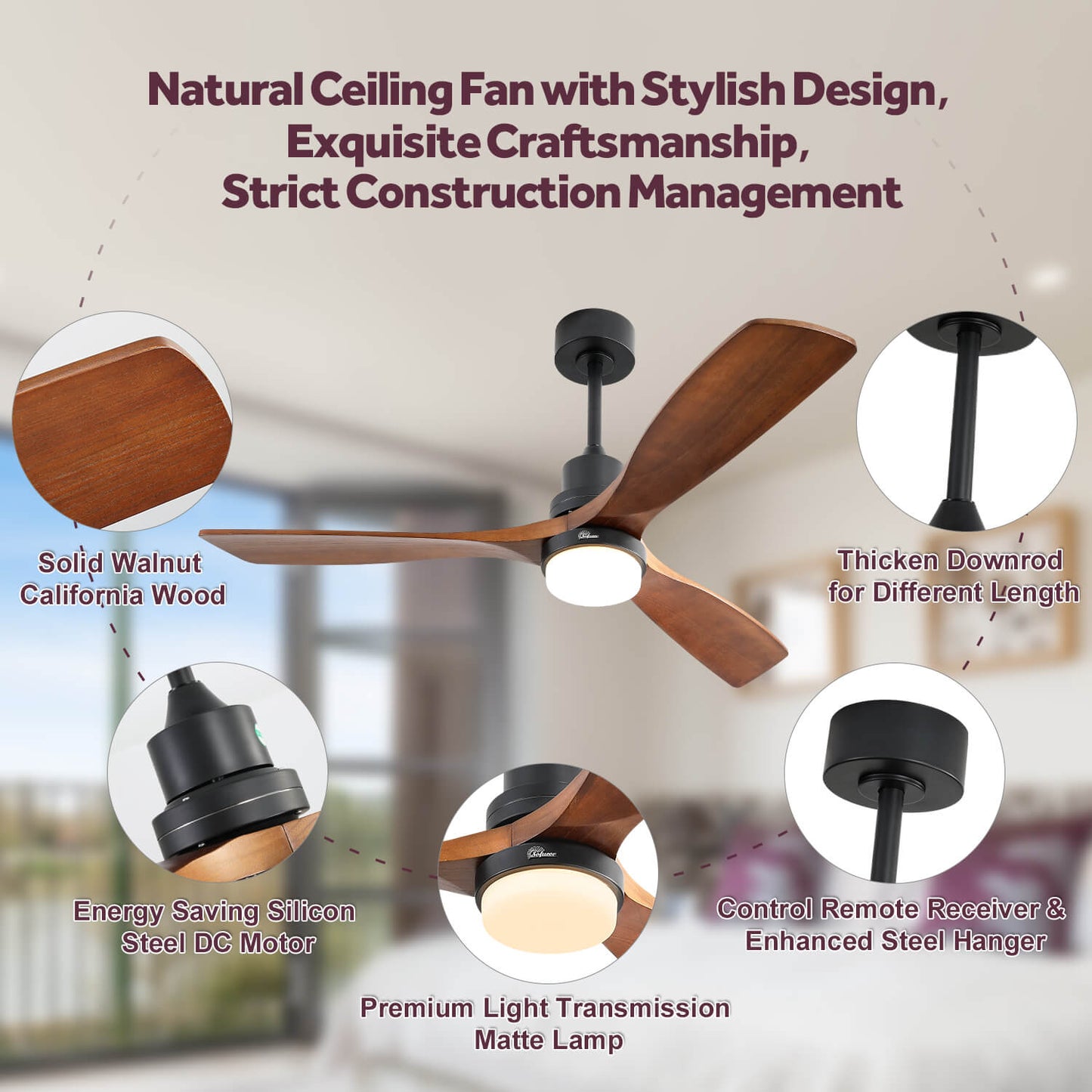 Sofucor KBS-5247-BK 52'' Ceiling Fan With Light Remote DC Motor 3 Blades Walnut