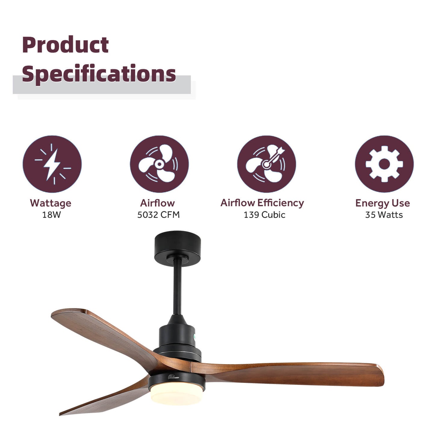 Sofucor KBS-5247-BK 52'' Ceiling Fan With Light Remote DC Motor 3 Blades Walnut
