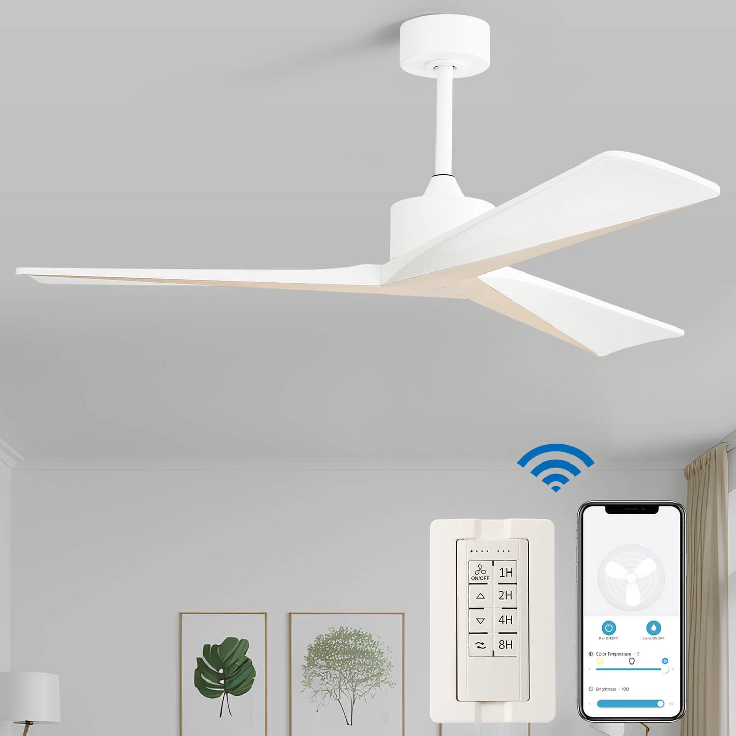 Sofucor KBS-52K068 52" Smart Wood Ceiling Fan No Light With Remote Works With WIFI/Bluetooth