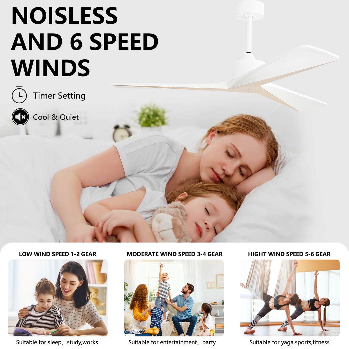 Sofucor KBS-52K068 52" Smart Wood Ceiling Fan No Light With Remote Works With WIFI/Bluetooth