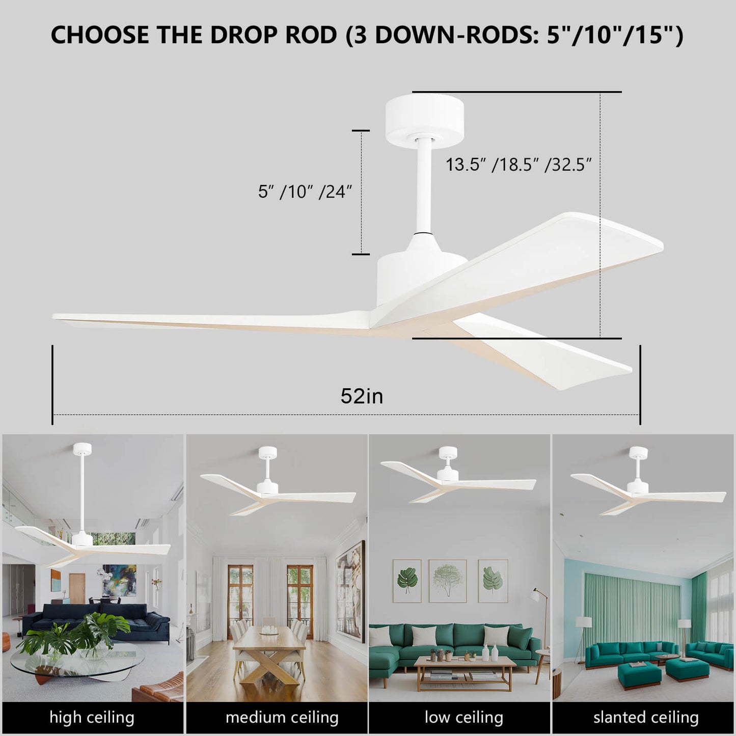 Sofucor KBS-52K068 52" Smart Wood Ceiling Fan No Light With Remote Works With WIFI/Bluetooth