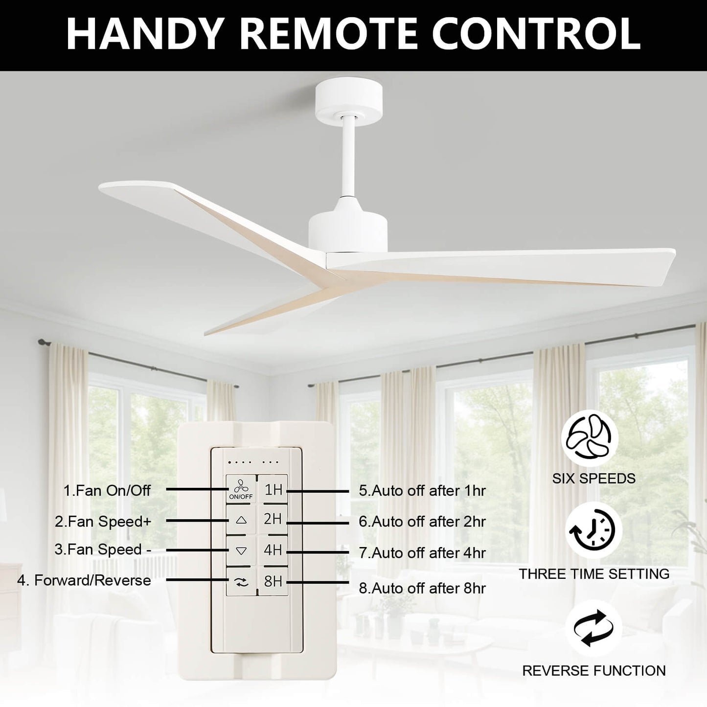 Sofucor KBS-52K068 52" Smart Wood Ceiling Fan No Light With Remote Works With WIFI/Bluetooth