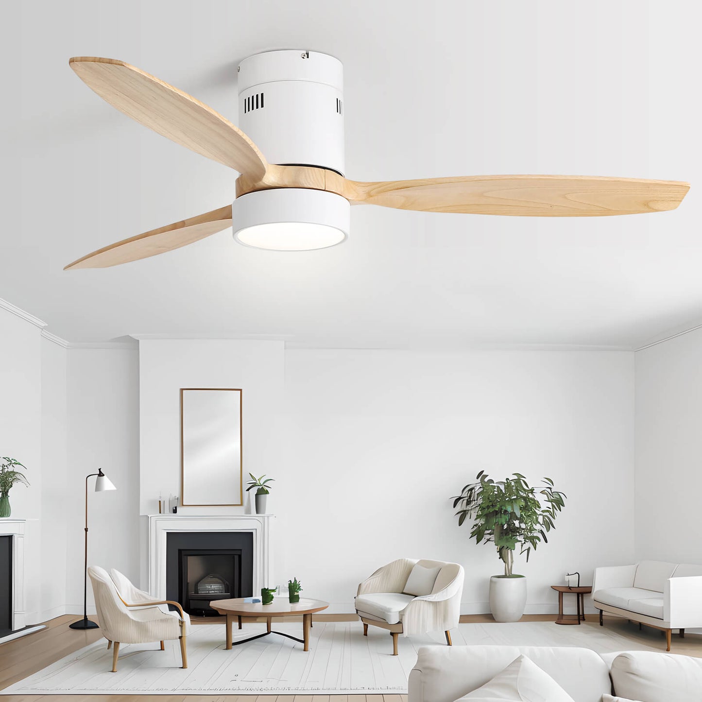 Sofucor KBS-52K077 52 Inch Flush Mount Celing Fan With Light Remote Wood Blades
