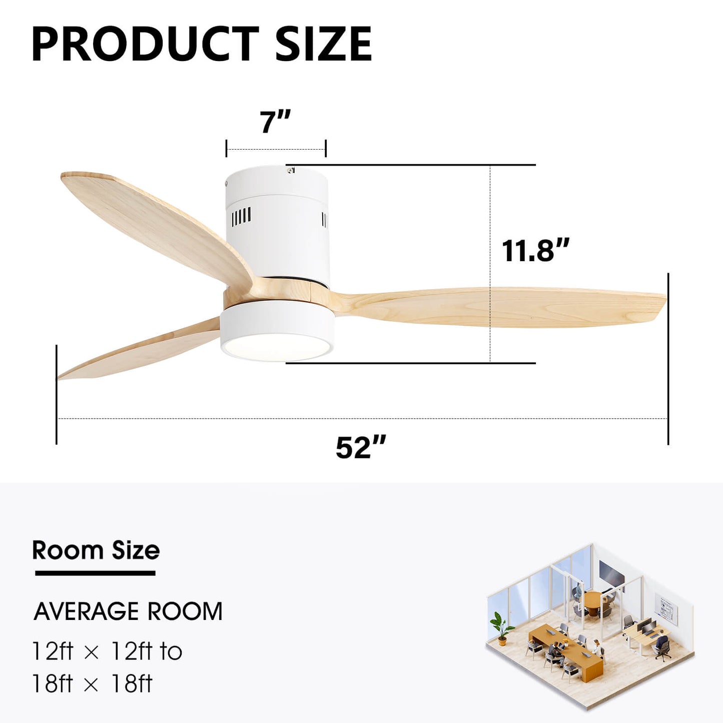 Sofucor KBS-52K077 52 Inch Flush Mount Celing Fan With Light Remote Wood Blades