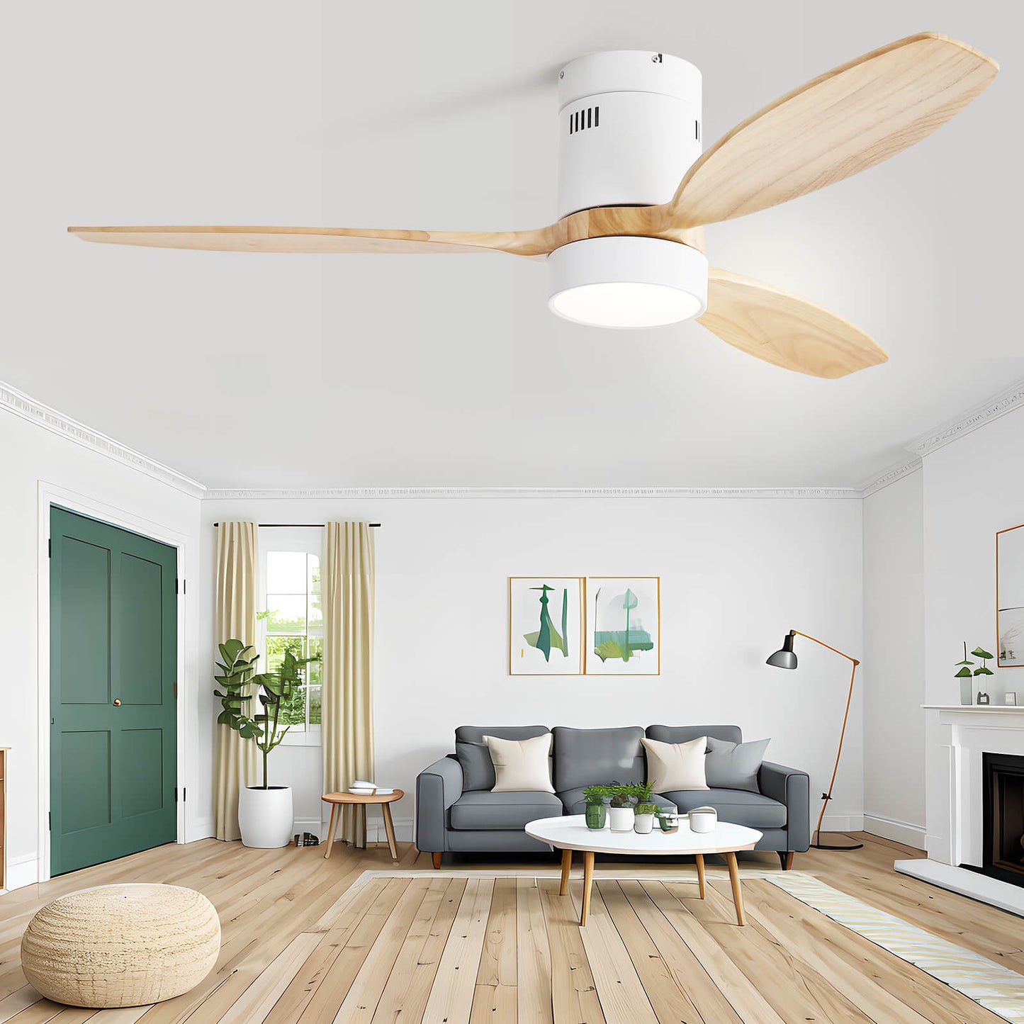 Sofucor KBS-52K077 52 Inch Flush Mount Celing Fan With Light Remote Wood Blades