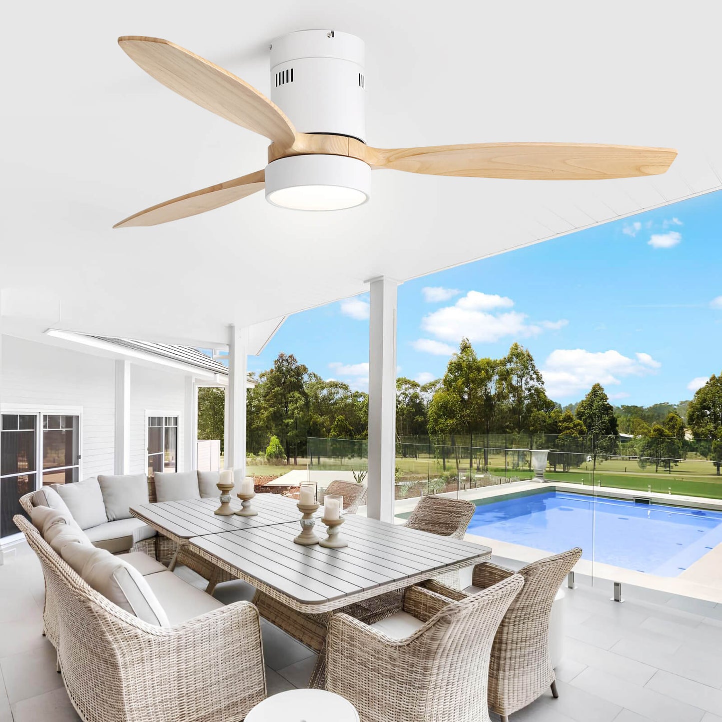 Sofucor KBS-52K077 52 Inch Flush Mount Celing Fan With Light Remote Wood Blades