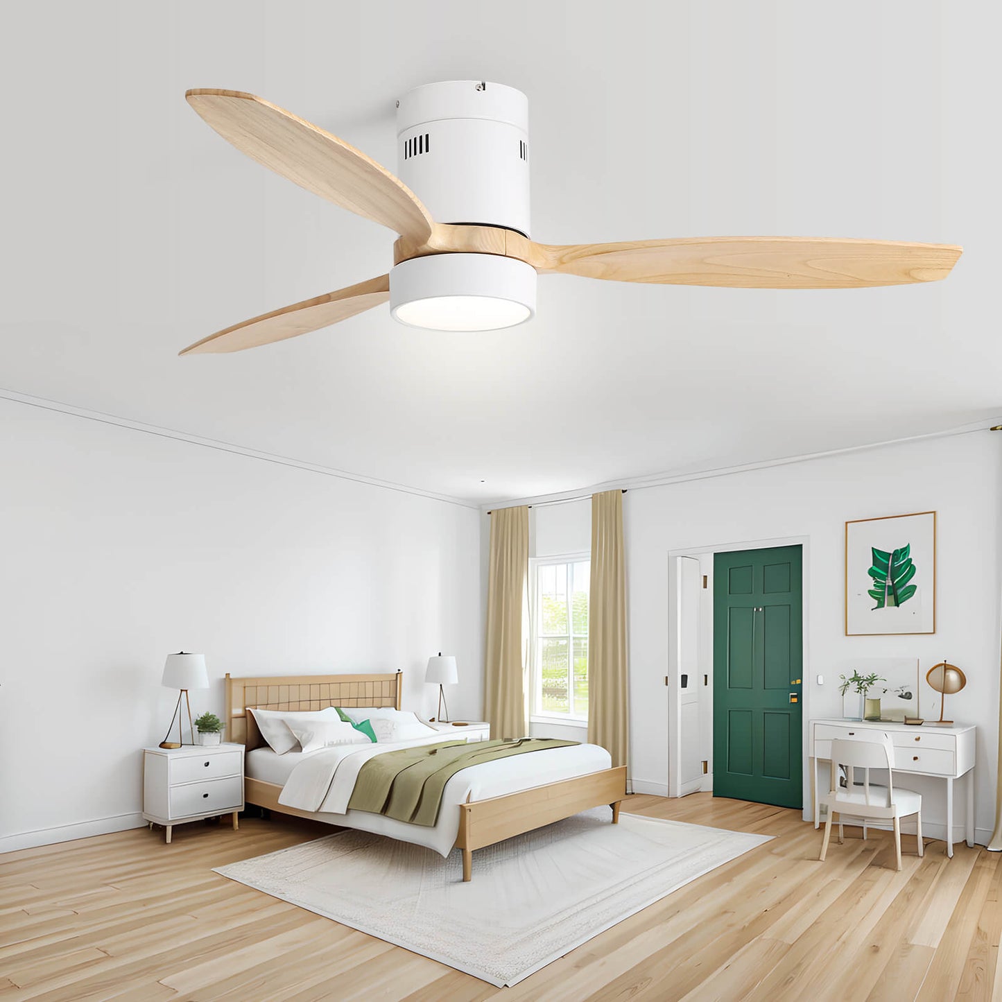 Sofucor KBS-52K077 52 Inch Flush Mount Celing Fan With Light Remote Wood Blades