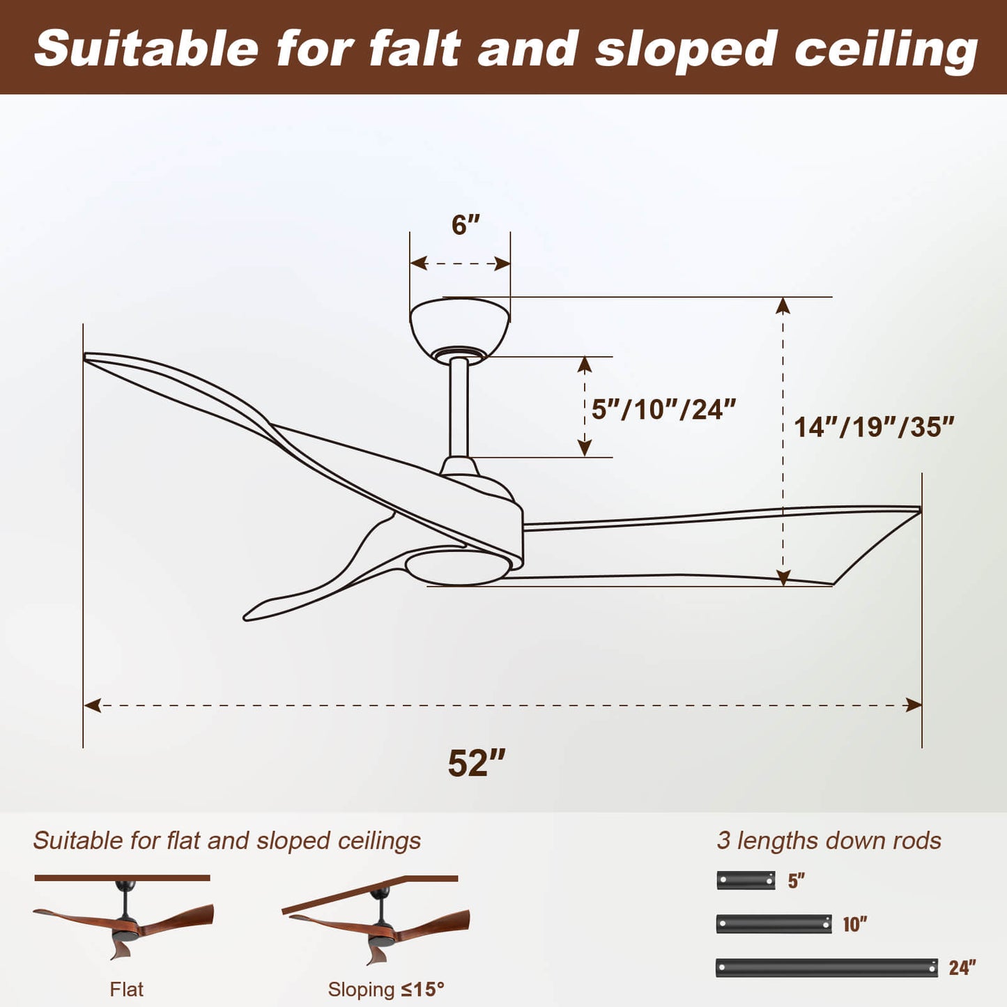 Sofucor KBS-52K012-WD 52‘’ Ceiling Fan No Light With Remote Irregular Wood Blades