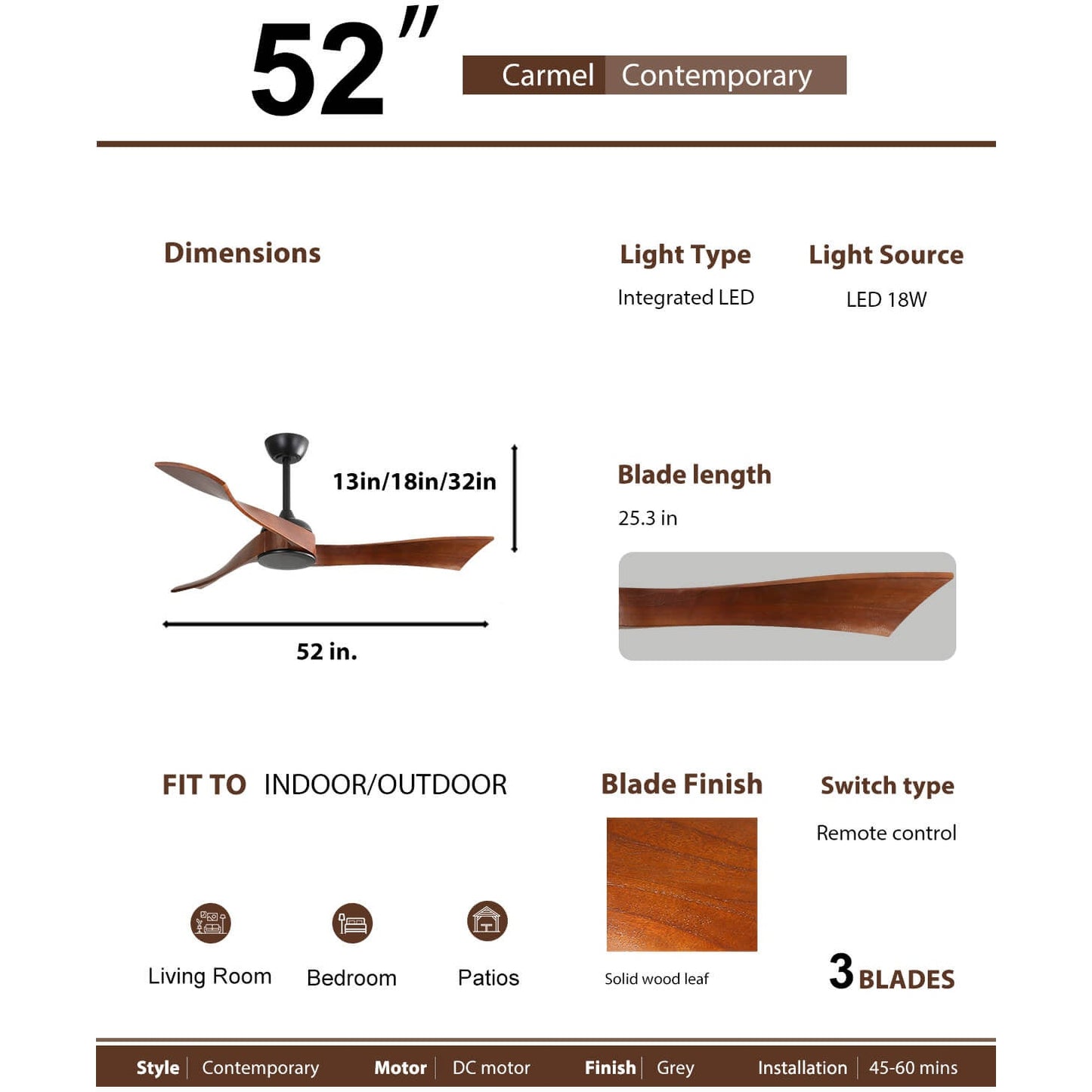 Sofucor KBS-52K012-WD 52‘’ Ceiling Fan No Light With Remote Irregular Wood Blades