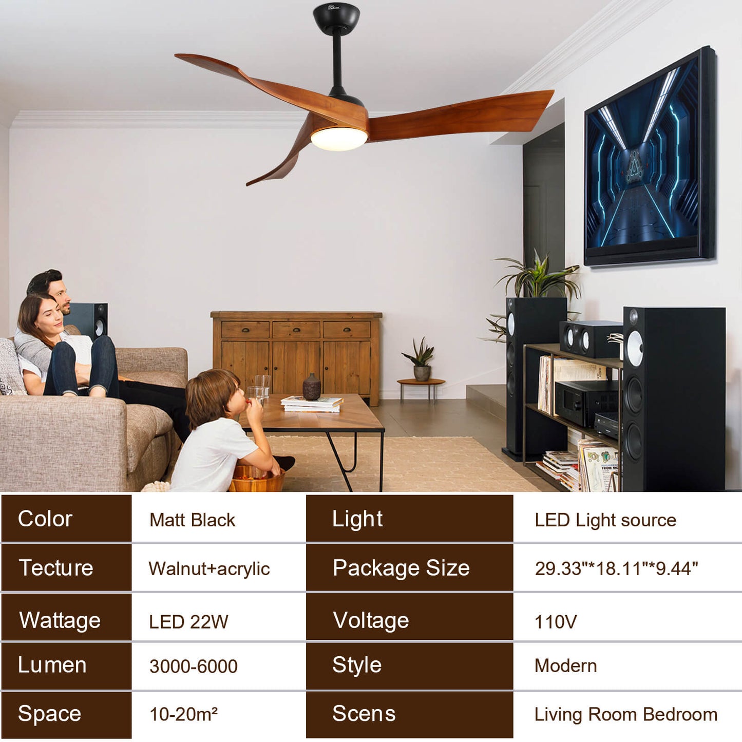 Sofucor KBS-52K012 52 Inch Ceiling Fan With Light Remote Irregular Wood Blades