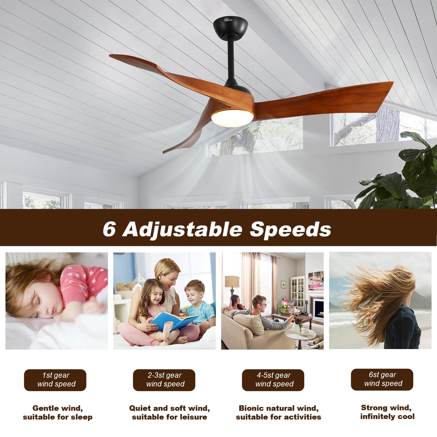 Sofucor KBS-52K012 52 Inch Ceiling Fan With Light Remote Irregular Wood Blades