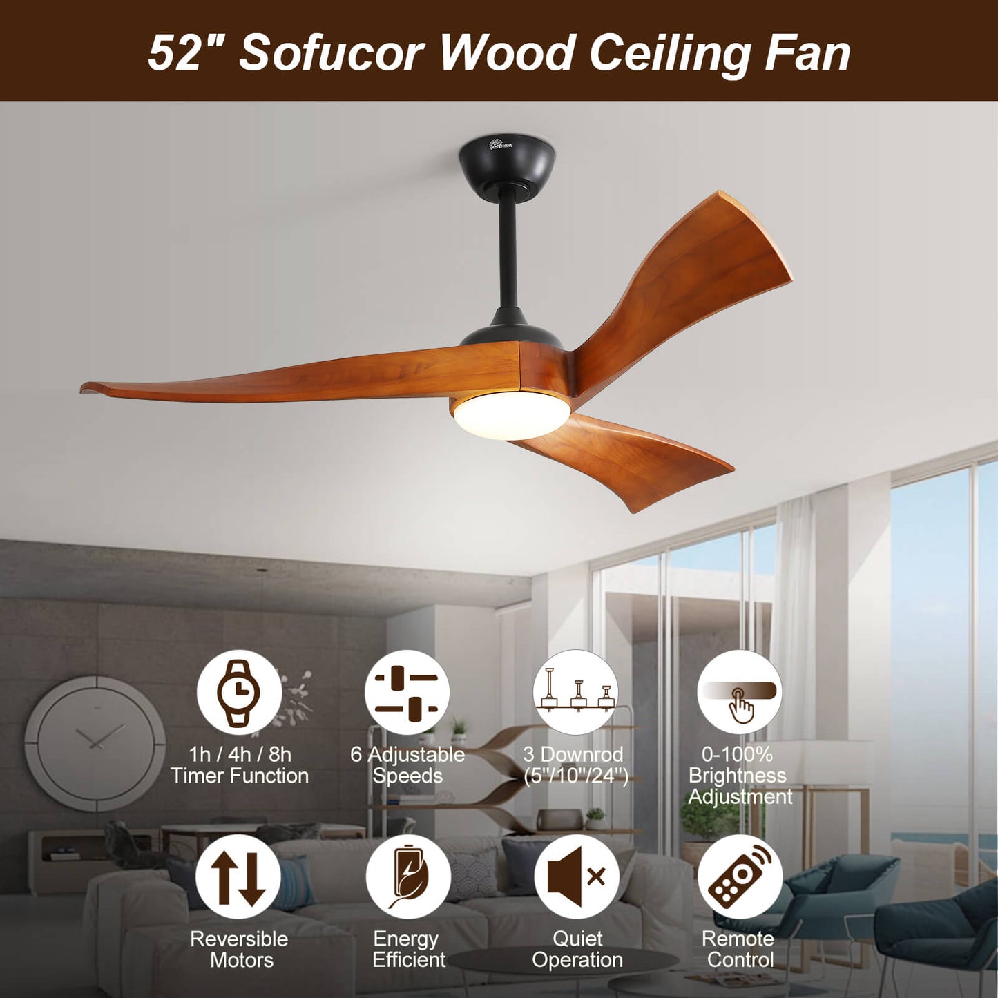 Sofucor KBS-52K012 52 Inch Ceiling Fan With Light Remote Irregular Wood Blades