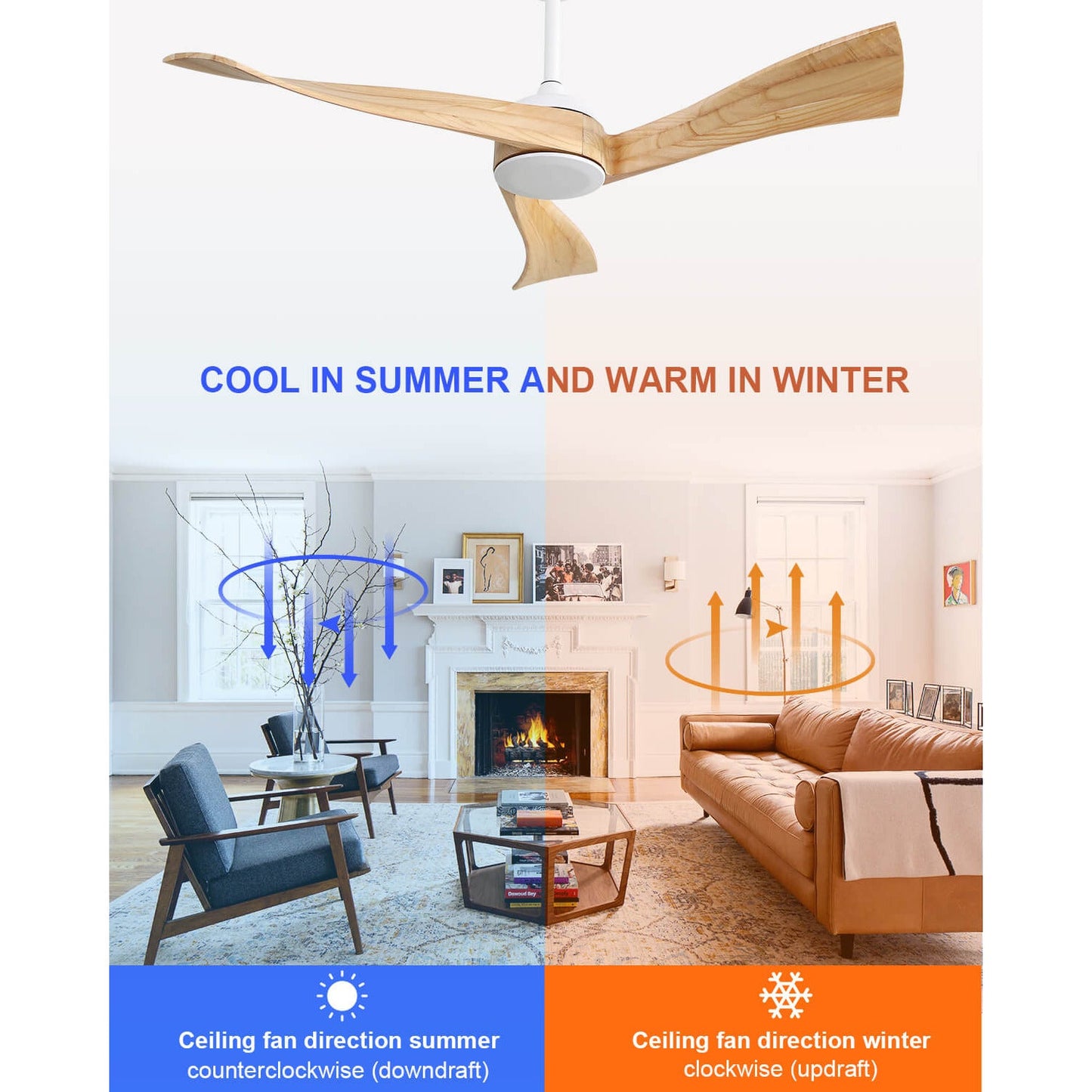 Sofucor KBS-52K012-WD 52‘’ Ceiling Fan No Light With Remote Irregular Wood Blades