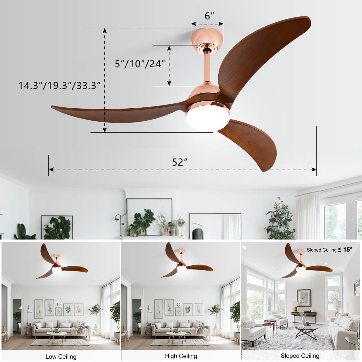 Sofucor KBS-52K033 52 Inch Wood Ceiling Fan With Light Remote Control