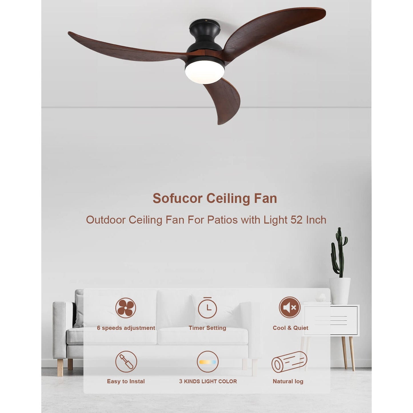 Sofucor KBS-52K034 52 Inch Low Profile Flushmount Smart Ceiling Fan With Light Remote