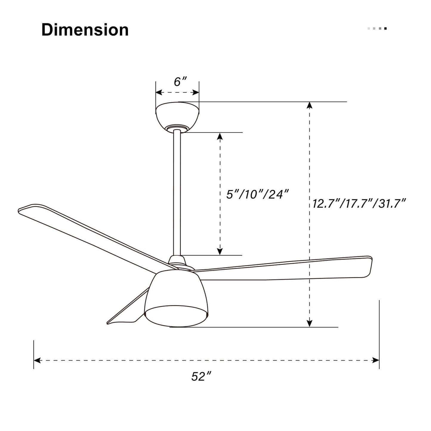 Sofucor KBS-52K036 52" Ceiling Fan With Light And Remote 3 ABS Blades