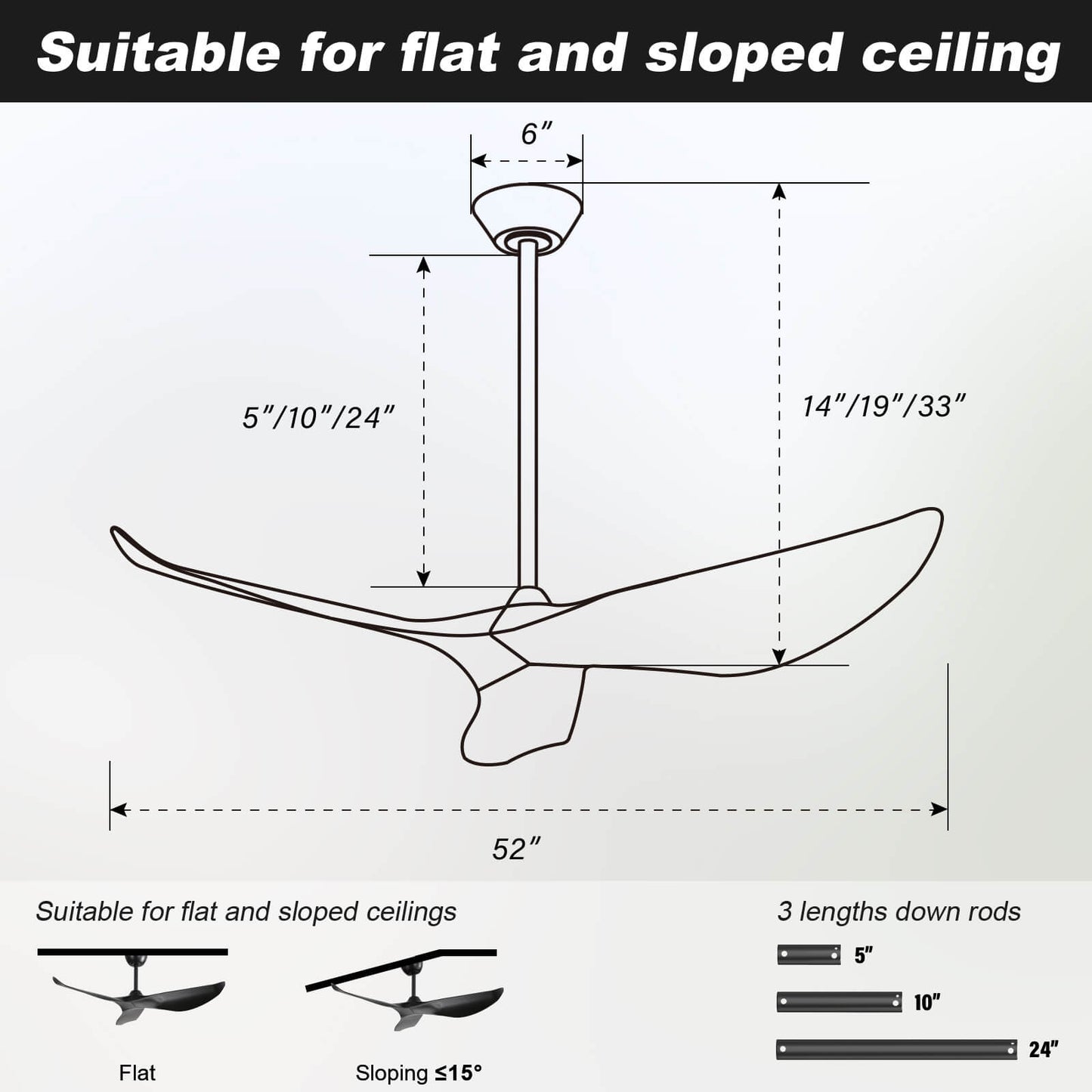Sofucor KBS-52K037 52" Ceiling Fan No Light With Remote 3 Curved ABS Blades