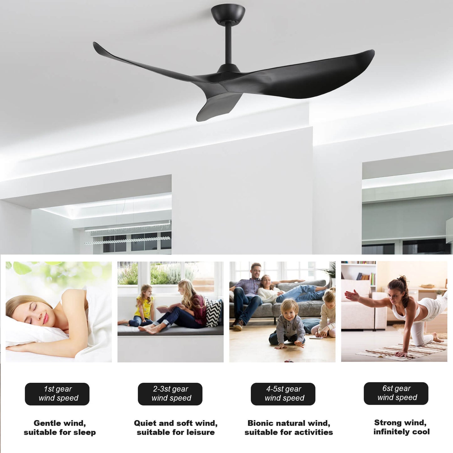 Sofucor KBS-52K037 52" Ceiling Fan No Light With Remote 3 Curved ABS Blades