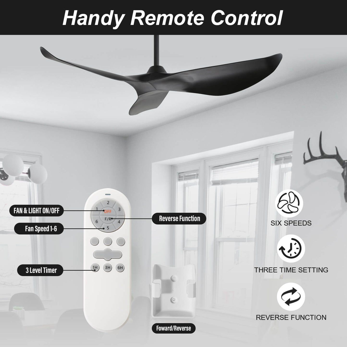Sofucor KBS-52K037 52" Ceiling Fan No Light With Remote 3 Curved ABS Blades
